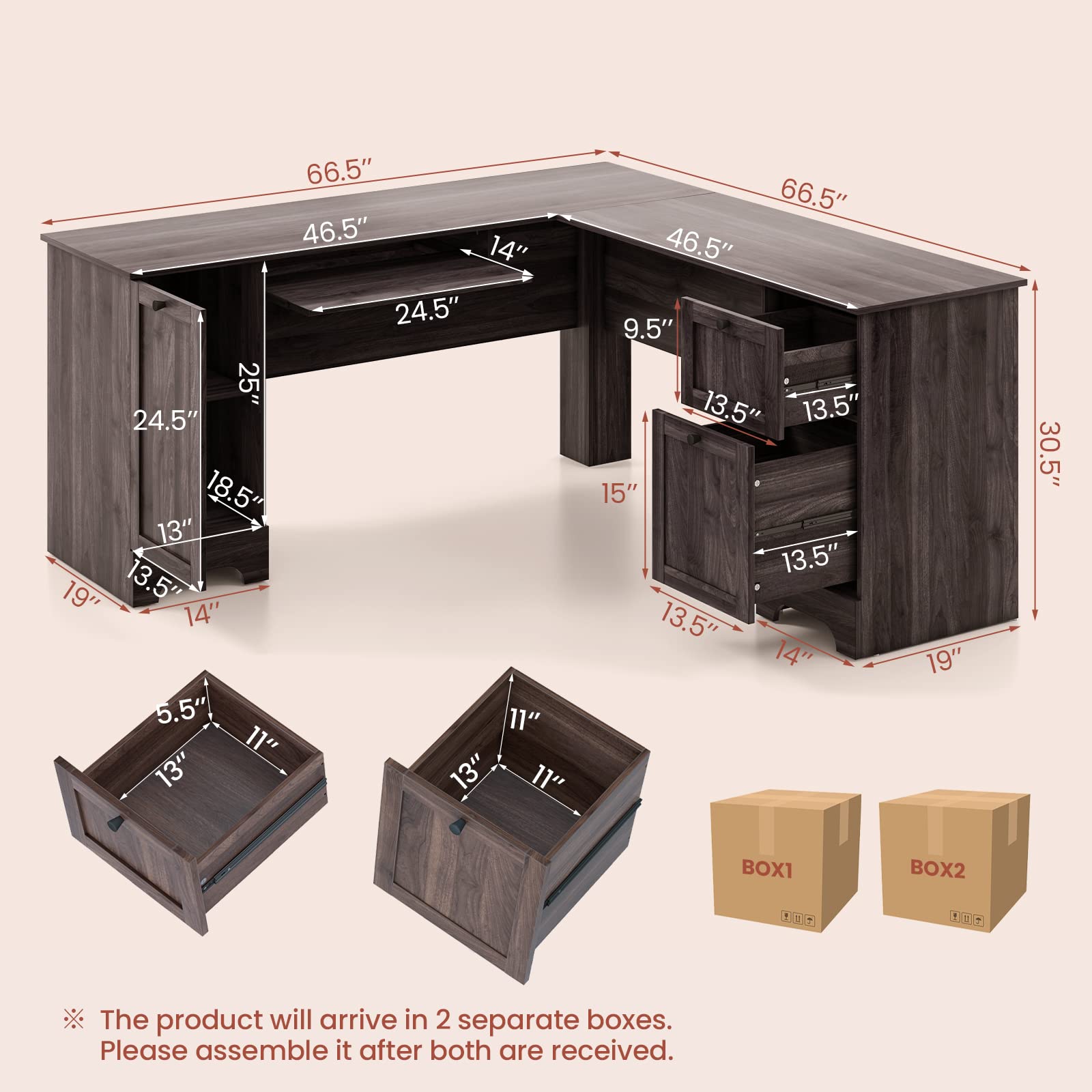 Shaped Office Desk with Storage Drawers & Keyboard Tray