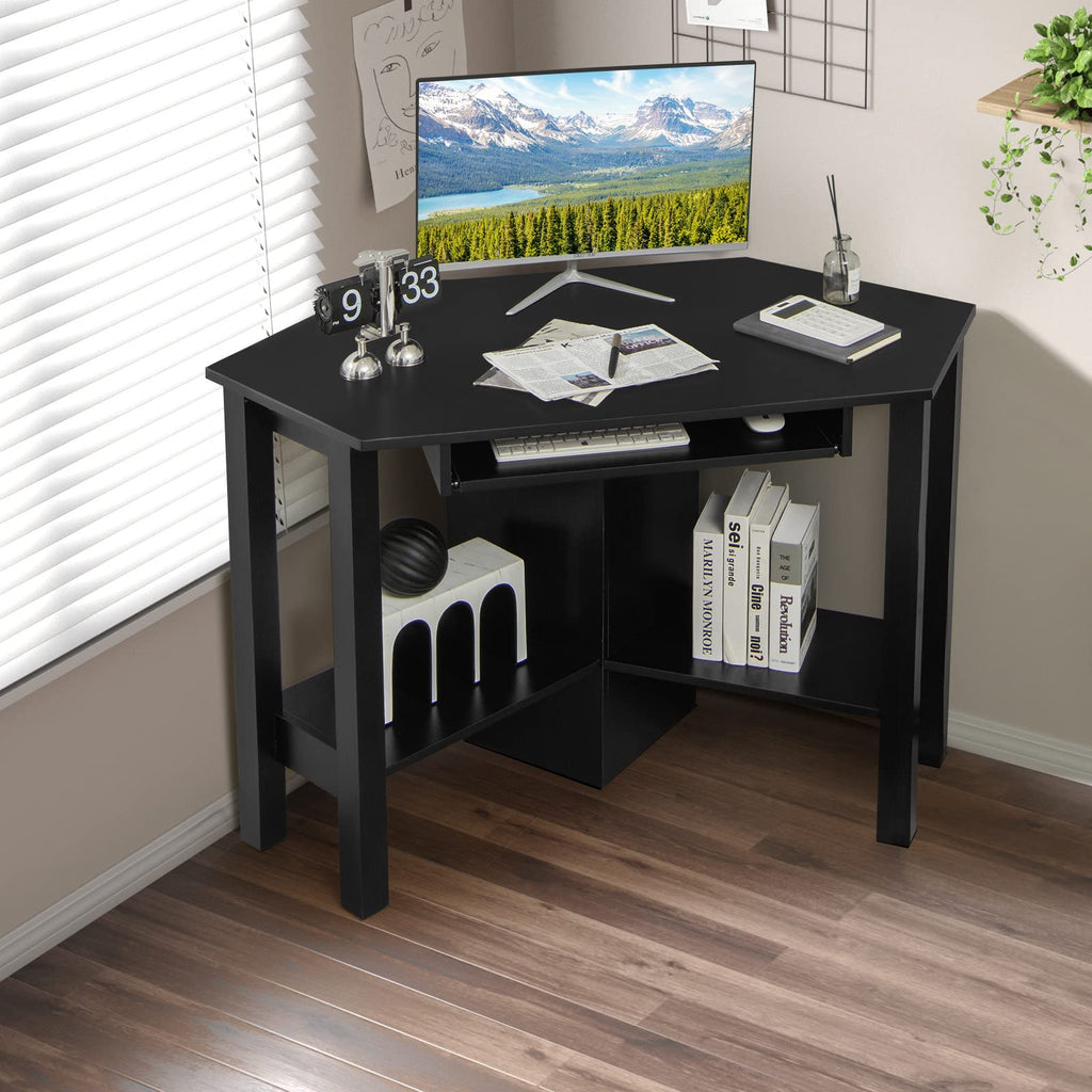 Corner Desk, Corner Computer Desk with Smooth Keyboard Tray for Small Space