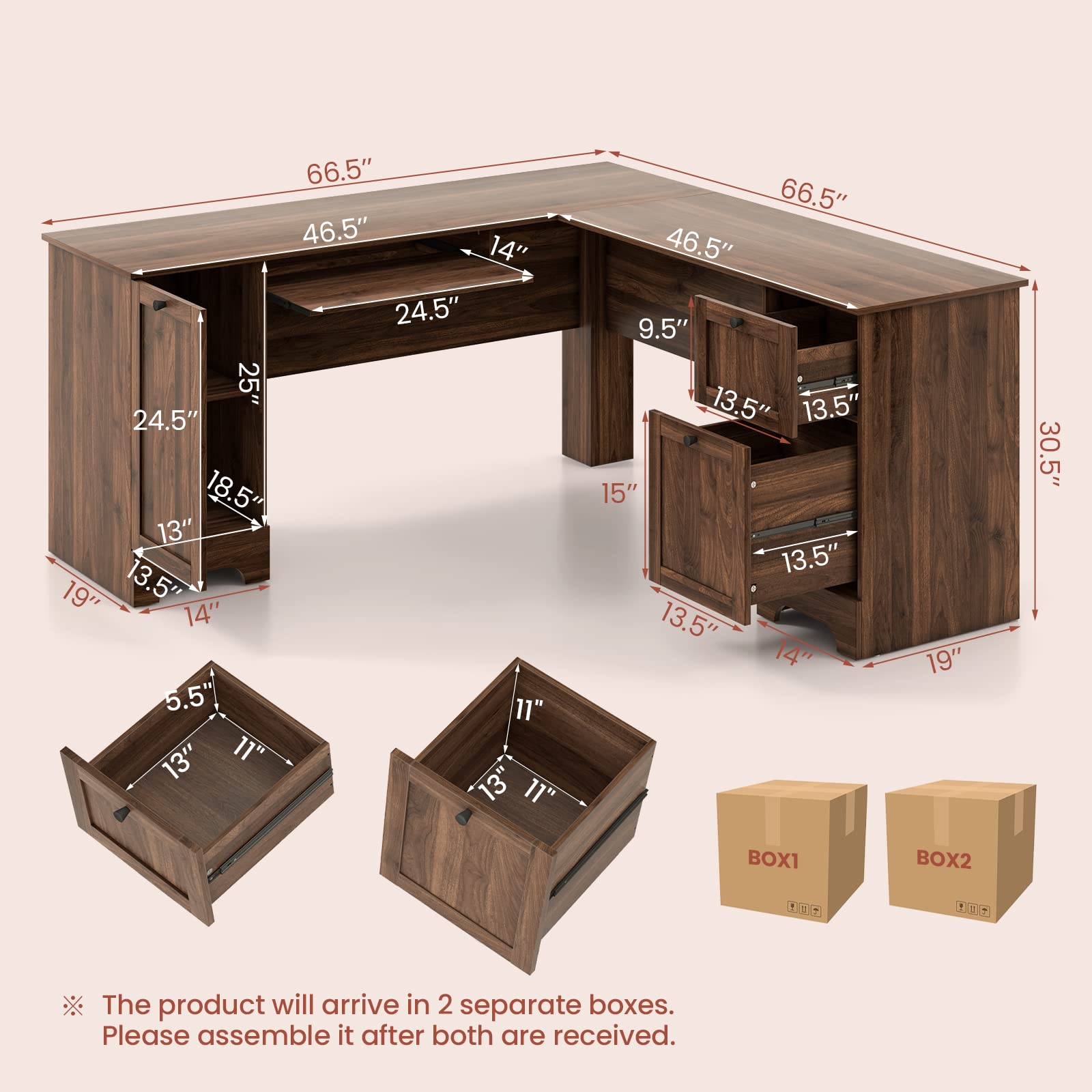 Shaped Office Desk with Storage Drawers & Keyboard Tray