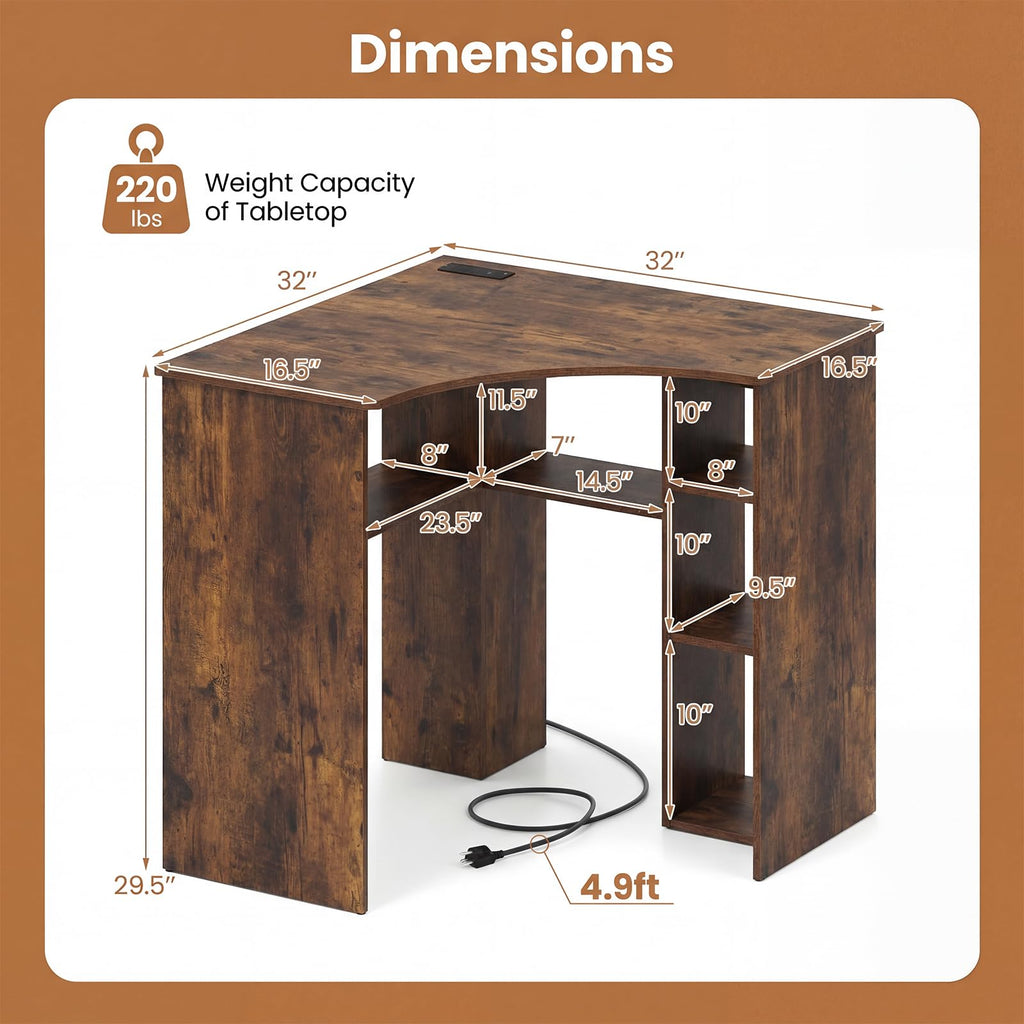 Degree Triangle Corner Desk with Charging Station & Open Storage Shelves