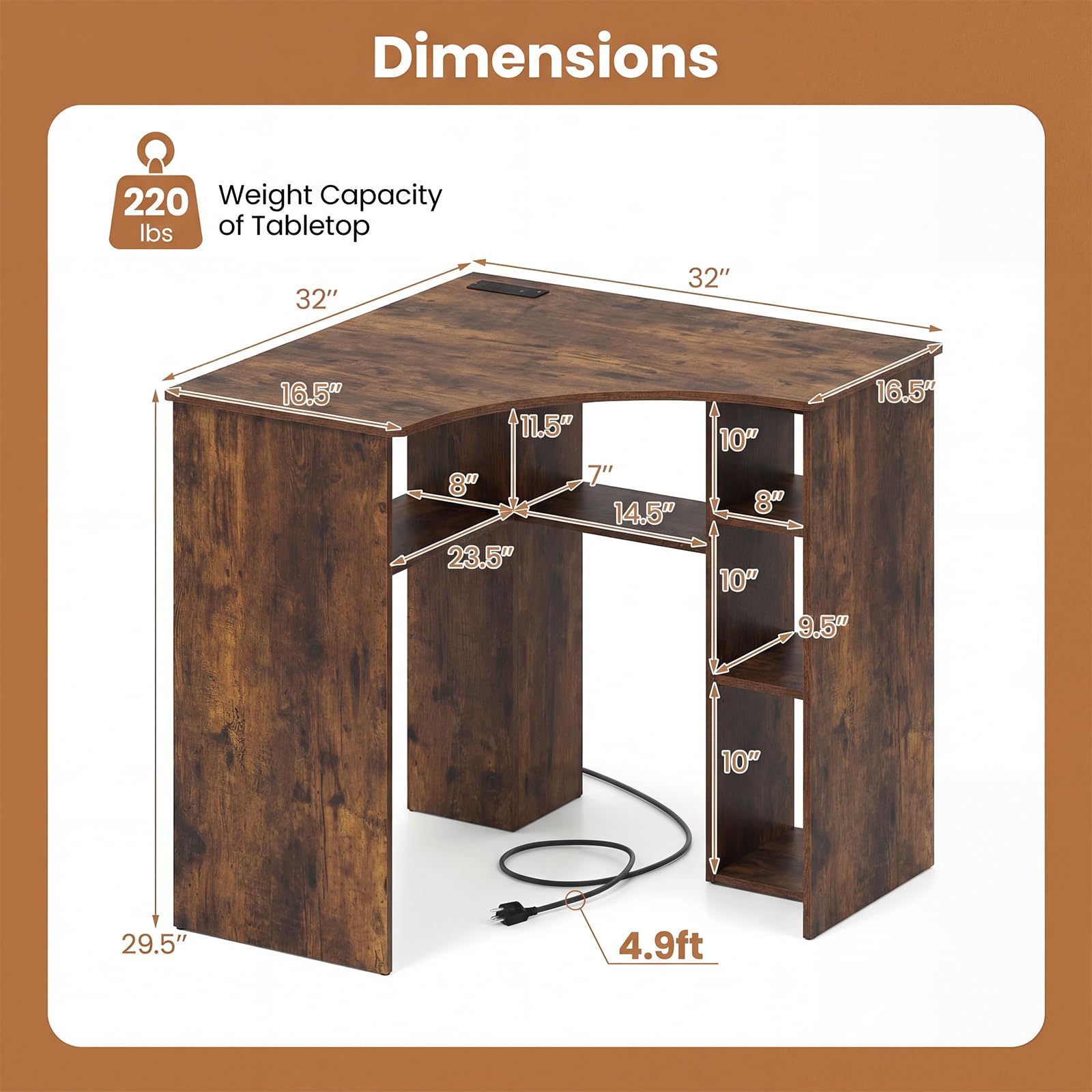 Degree Triangle Corner Desk with Charging Station & Open Storage Shelves