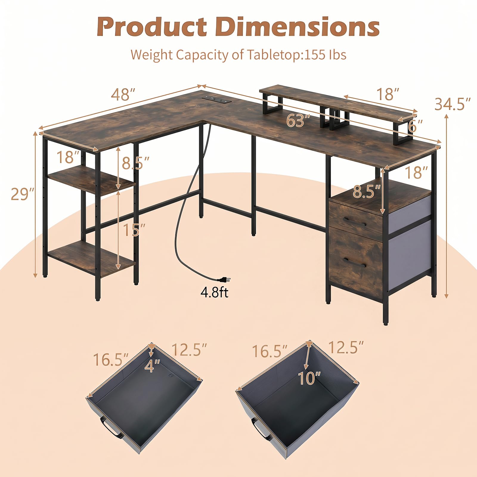 Reversible L Shaped Desk with Storage Drawers & Monitor Stand | Power Outlet