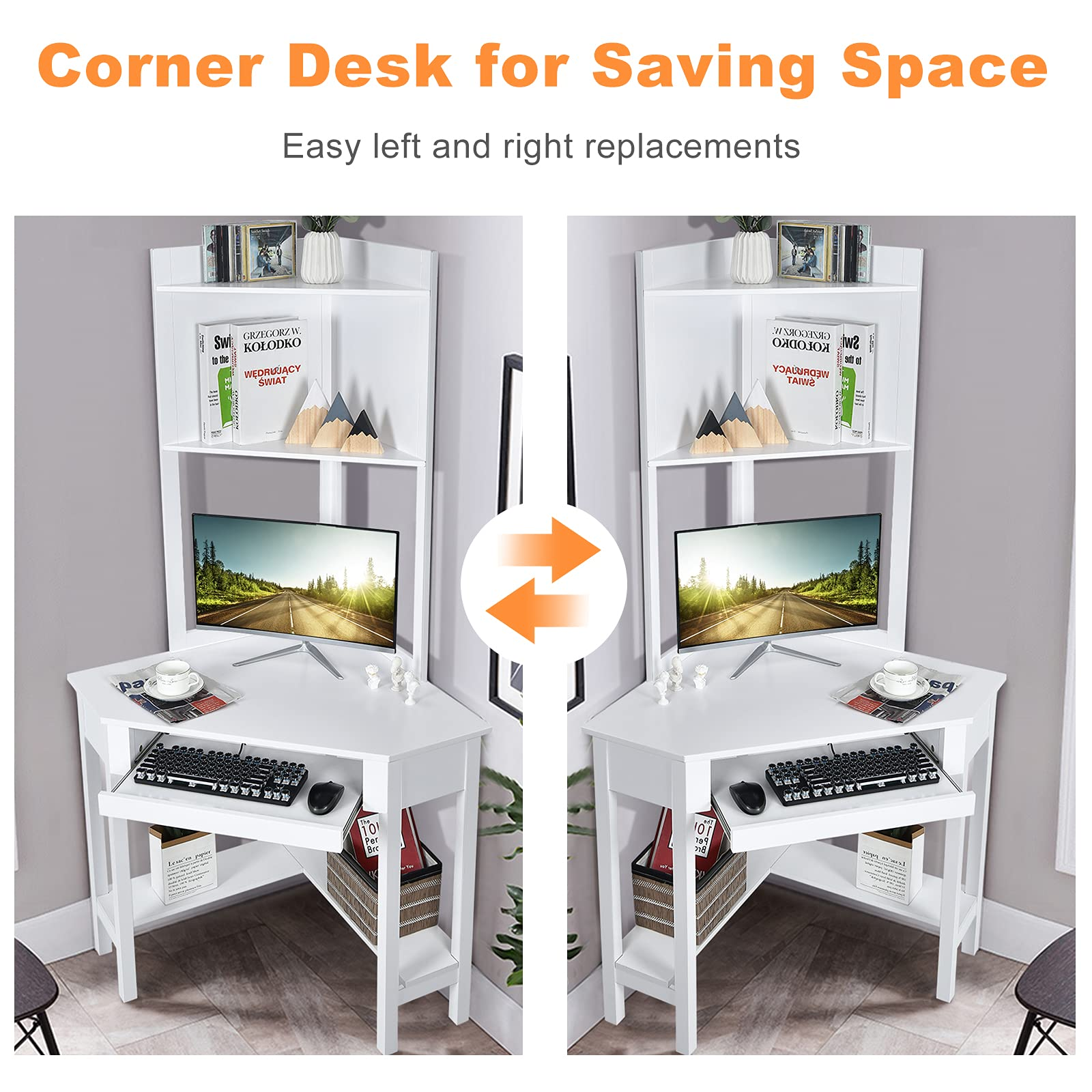 White Corner Desk with Hutch, 90 Degrees Triangle Corner Computer Desk