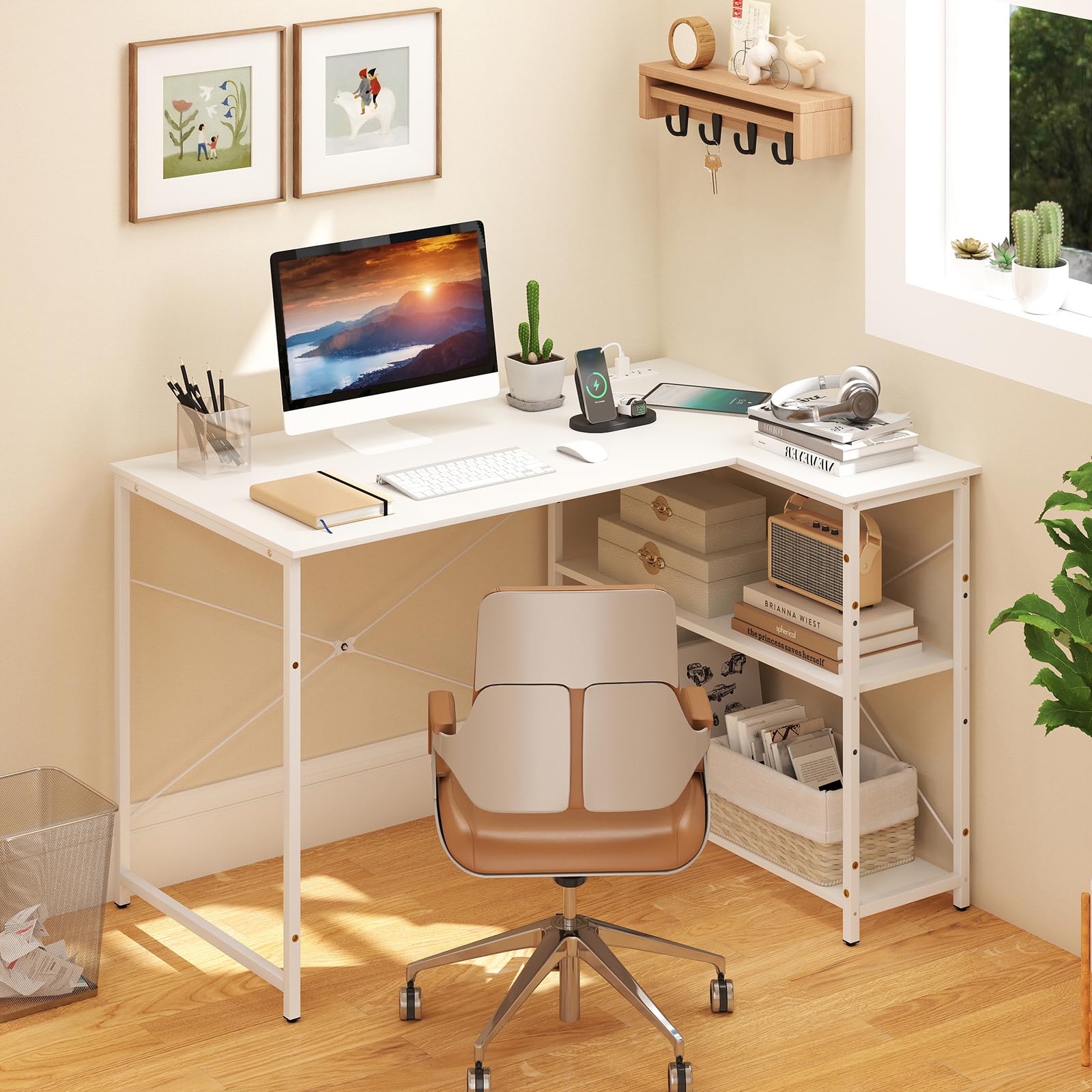 Shaped Computer Desk with Reversible Shelves