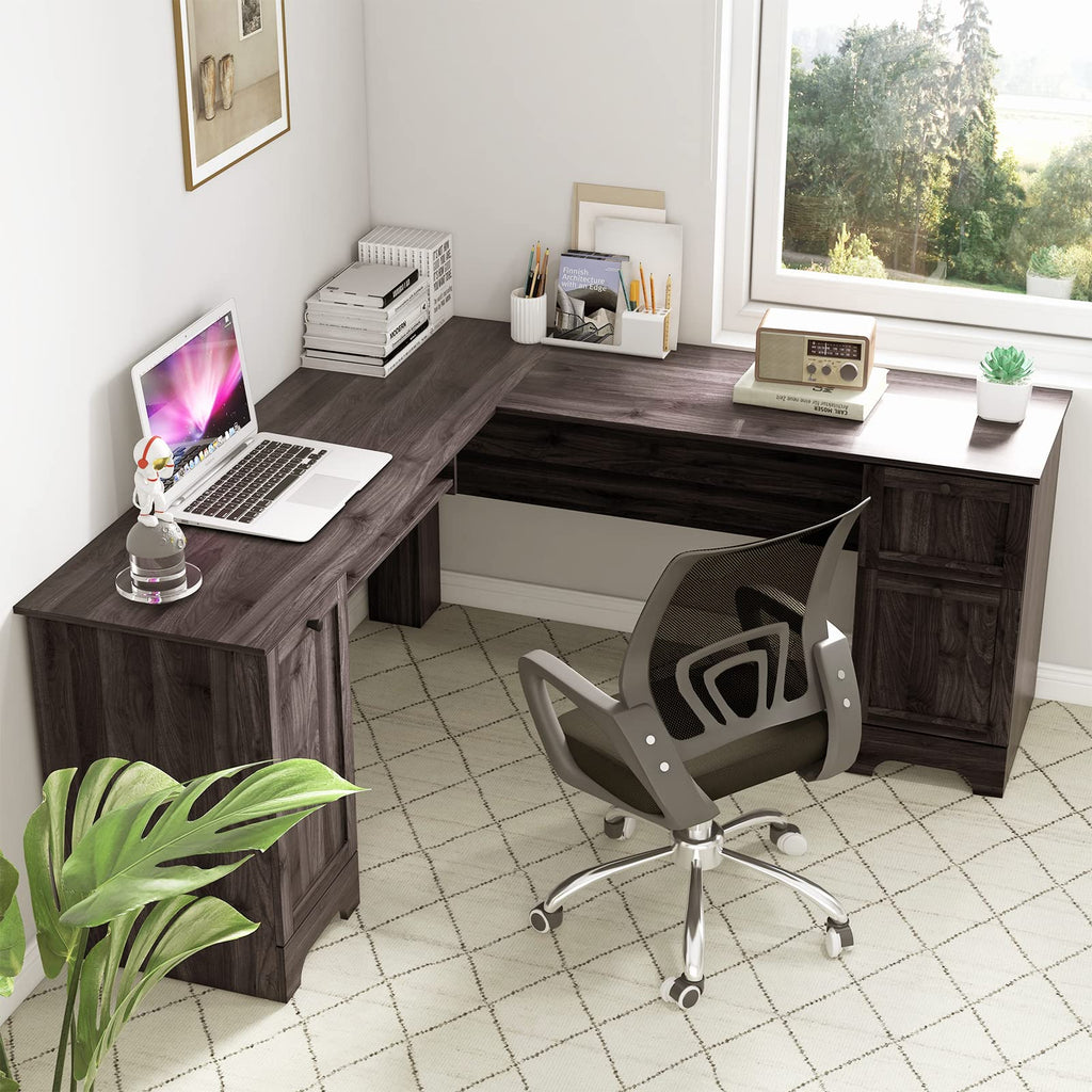 Shaped Office Desk with Storage Drawers & Keyboard Tray