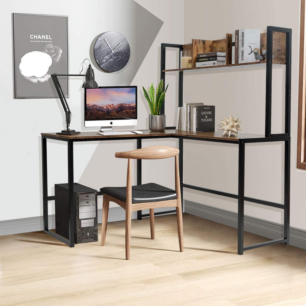 Reversible L-Shaped Desk with Hutch, Space Saving Corner Computer Desk with Storage Bookshelf
