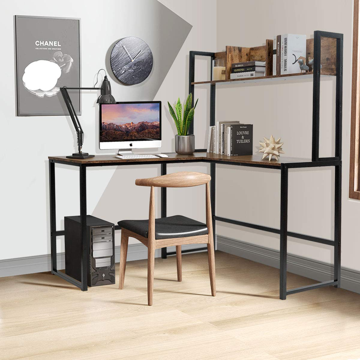 Reversible L-Shaped Desk with Hutch, Space Saving Corner Computer Desk with Storage Bookshelf