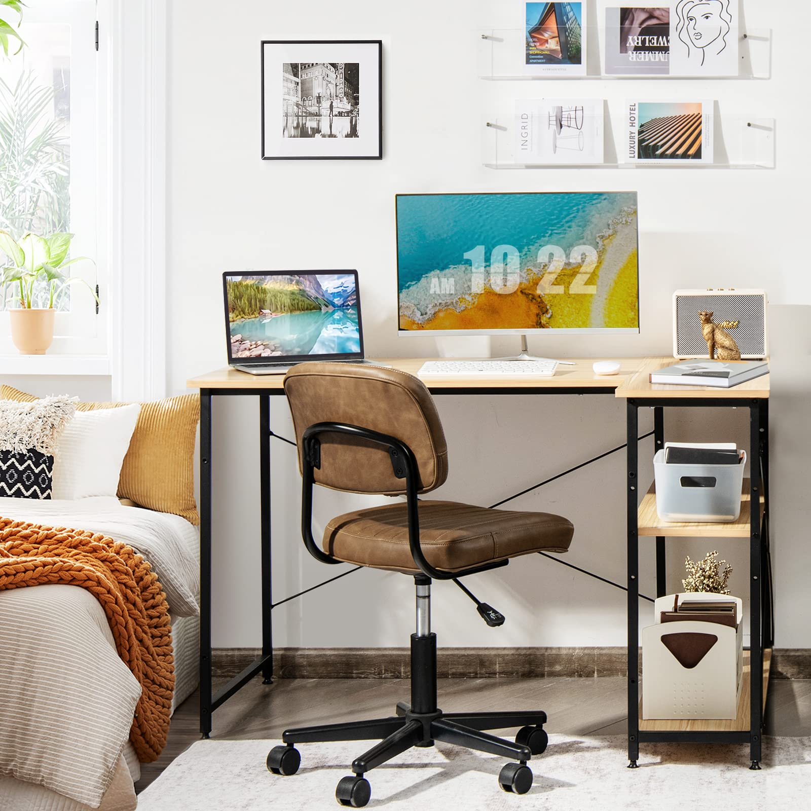 Shaped Computer Desk with Reversible Shelves