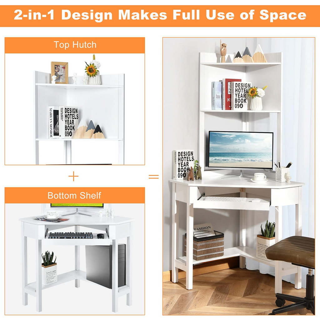 White Corner Desk with Hutch, 90 Degrees Triangle Corner Computer Desk