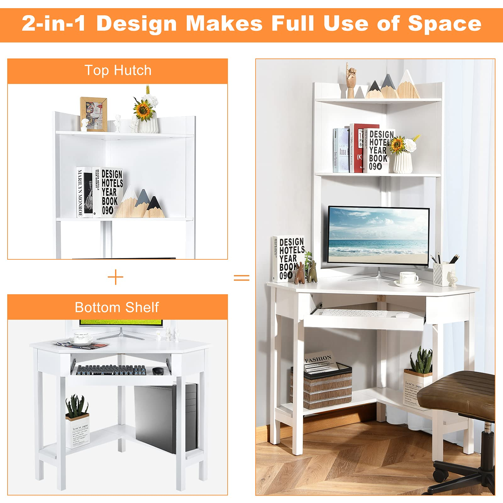 White Corner Desk with Hutch, 90 Degrees Triangle Corner Computer Desk