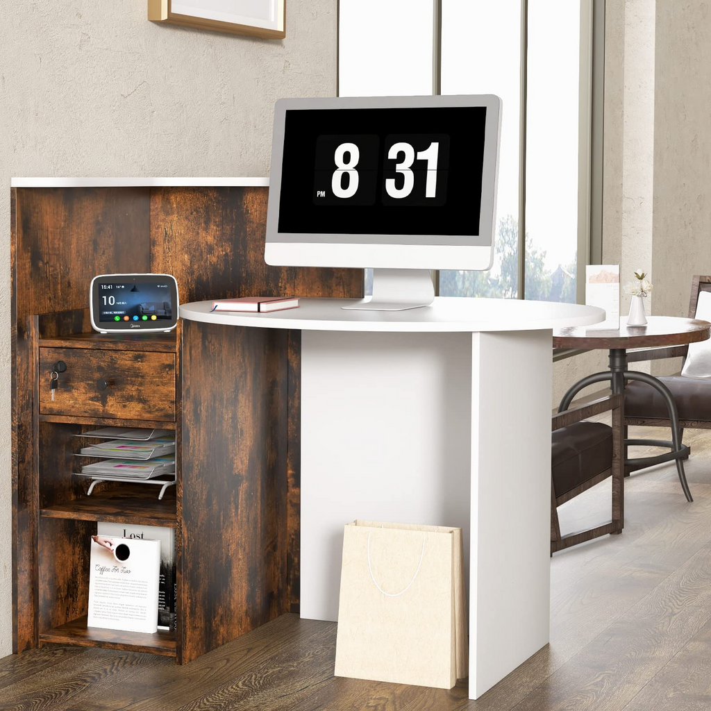 Reception Desk, Front Counter Desk with Lockable Drawer & Adjustable Shelf