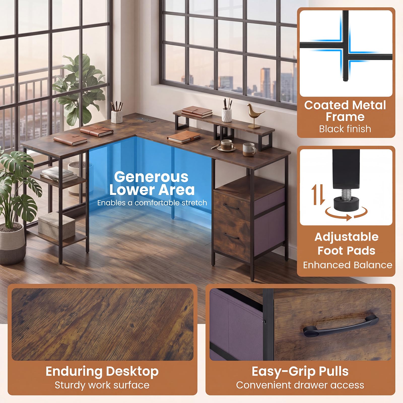 Reversible L Shaped Desk with Storage Drawers & Monitor Stand | Power Outlet