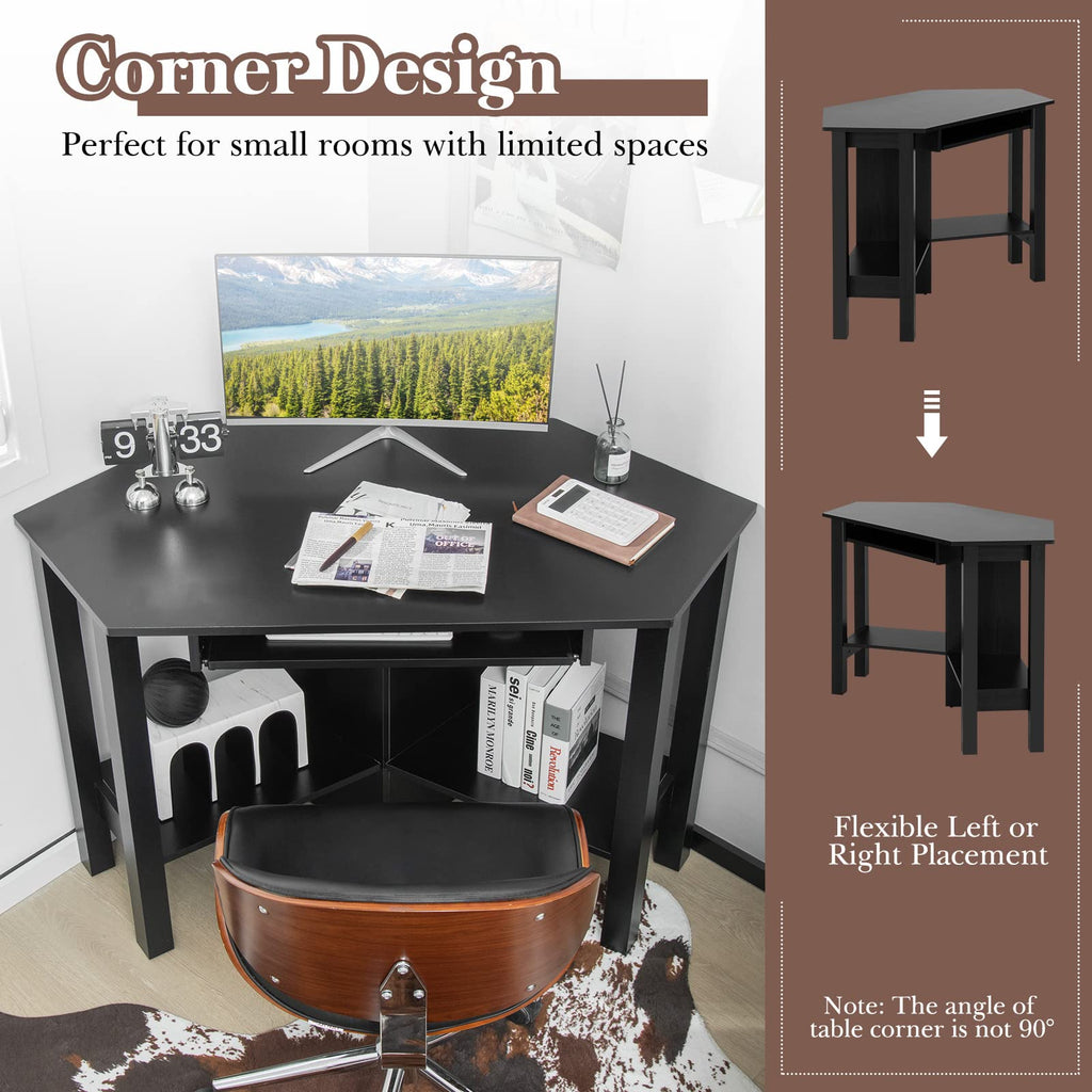 Corner Desk, Corner Computer Desk with Smooth Keyboard Tray for Small Space