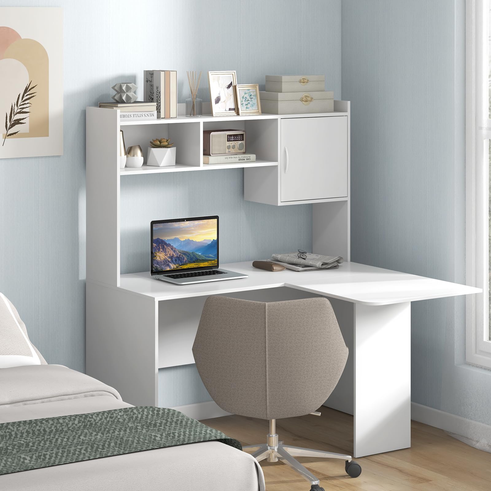 Shaped Desk with Storage Hutch, Corner Computer Desk with Shelves & Cabinet, White