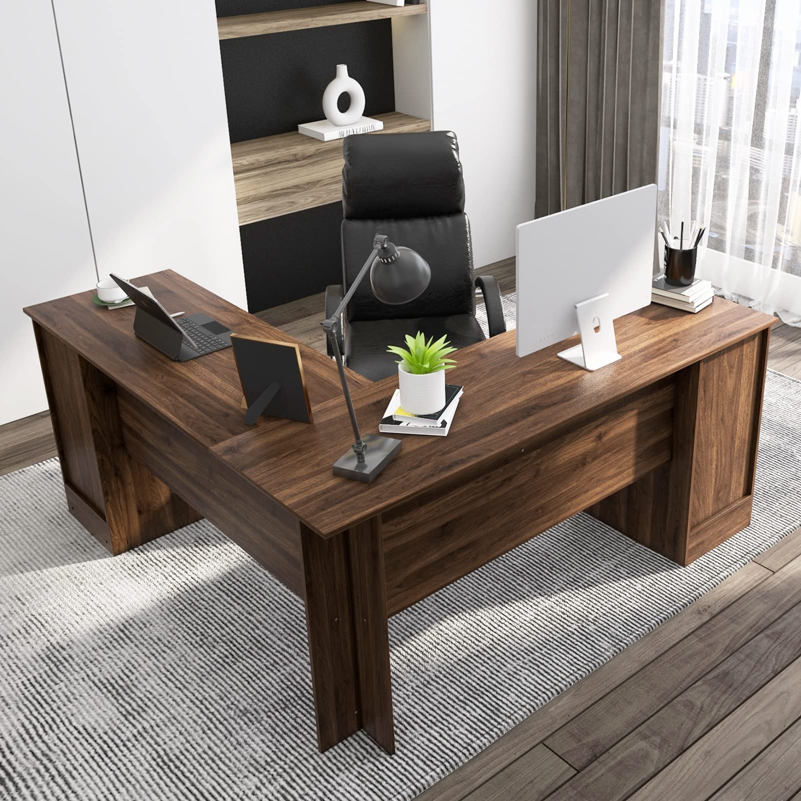 Shaped Office Desk with Storage Drawers & Keyboard Tray