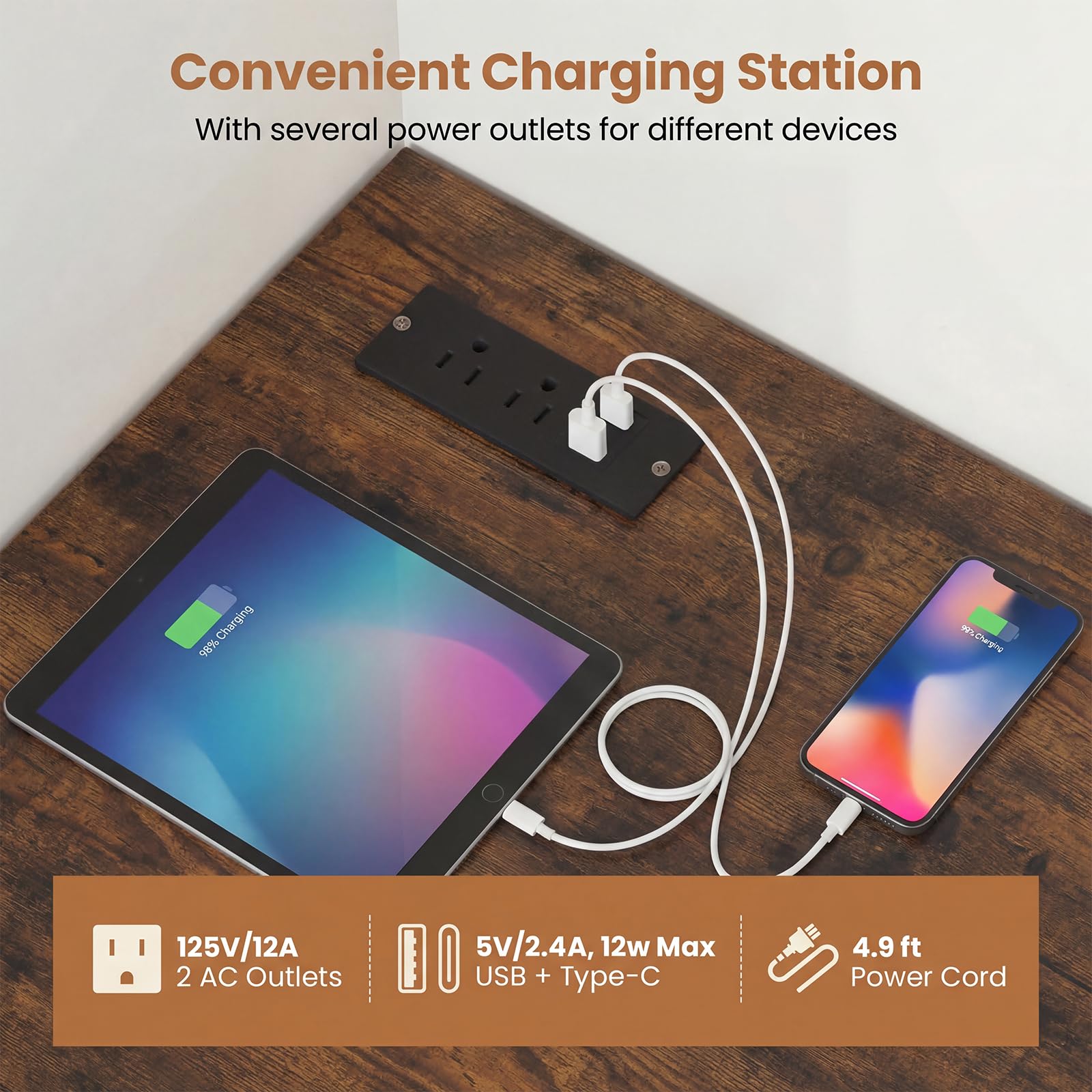 Degree Triangle Corner Desk with Charging Station & Open Storage Shelves