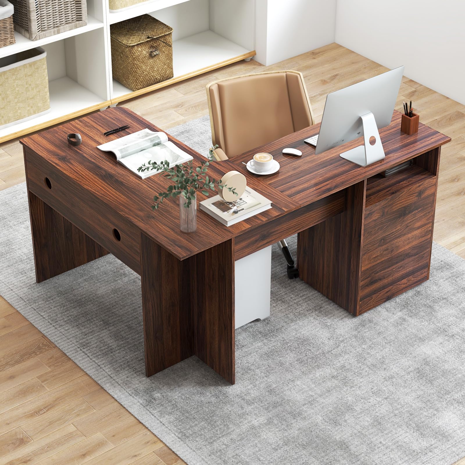 Shaped Desk with 2 Storage Drawers, 59” Corner Computer Desk with File Drawer & Open Shelf