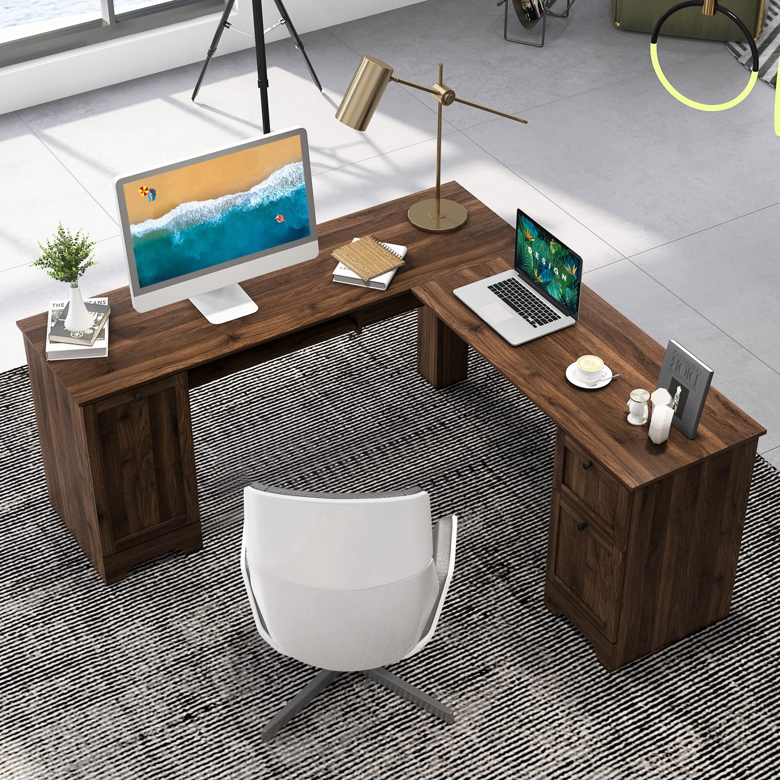 Shaped Office Desk with Storage Drawers & Keyboard Tray
