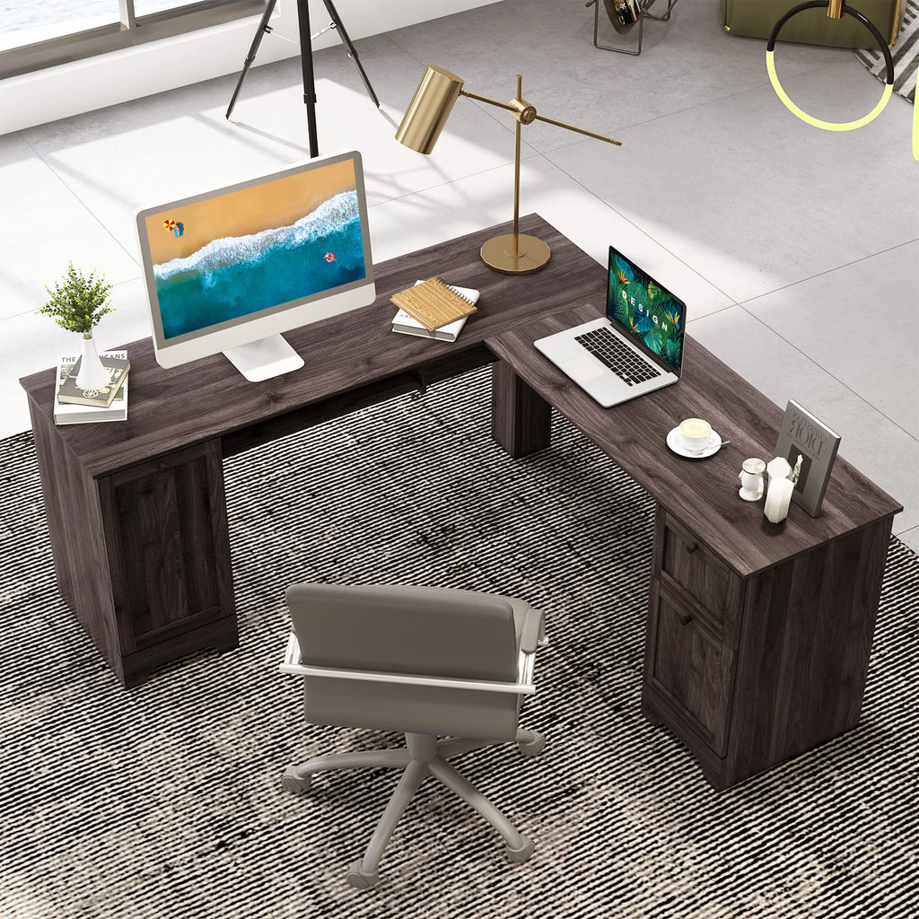 Shaped Office Desk with Storage Drawers & Keyboard Tray