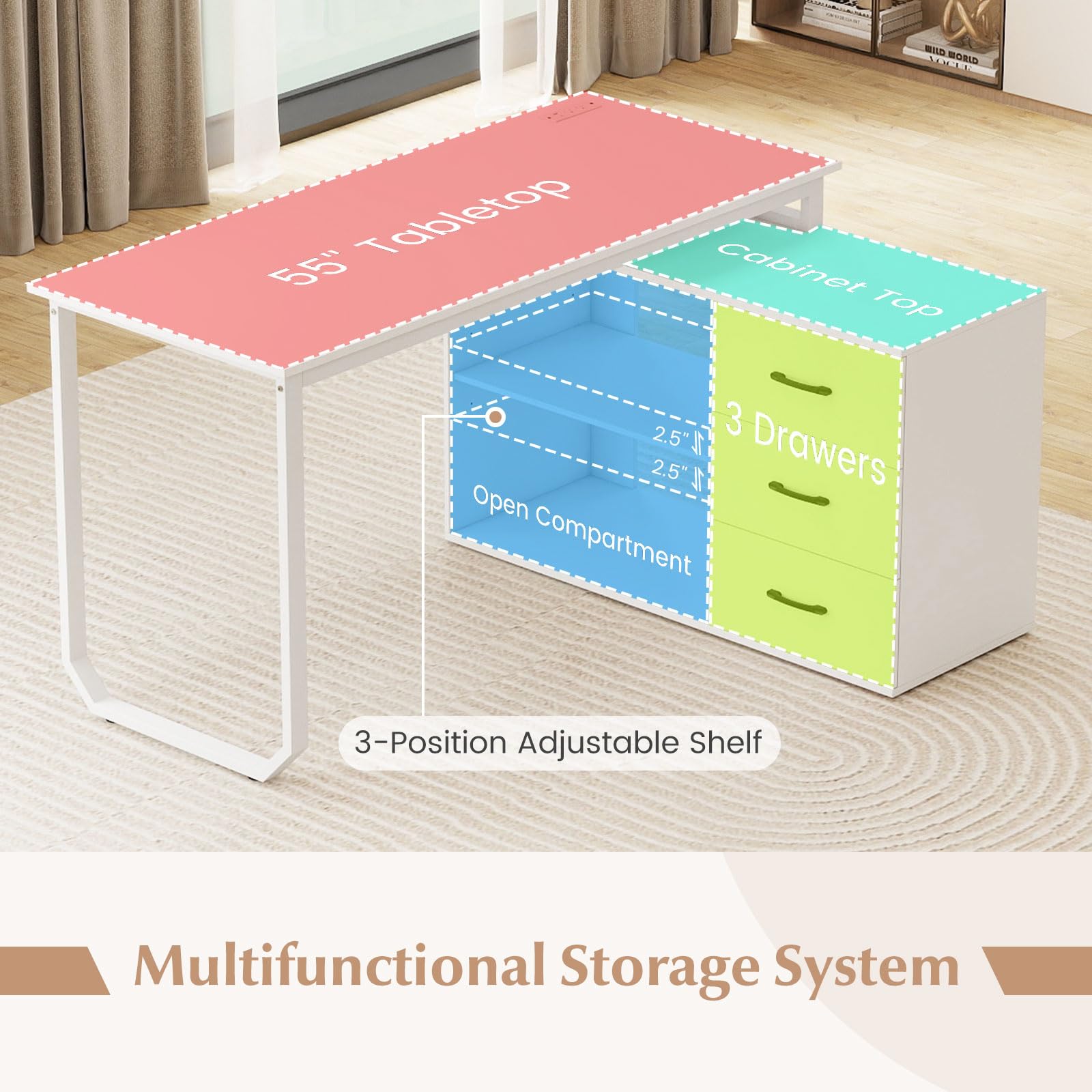 Reversible L Shaped Desk with 3 Drawers