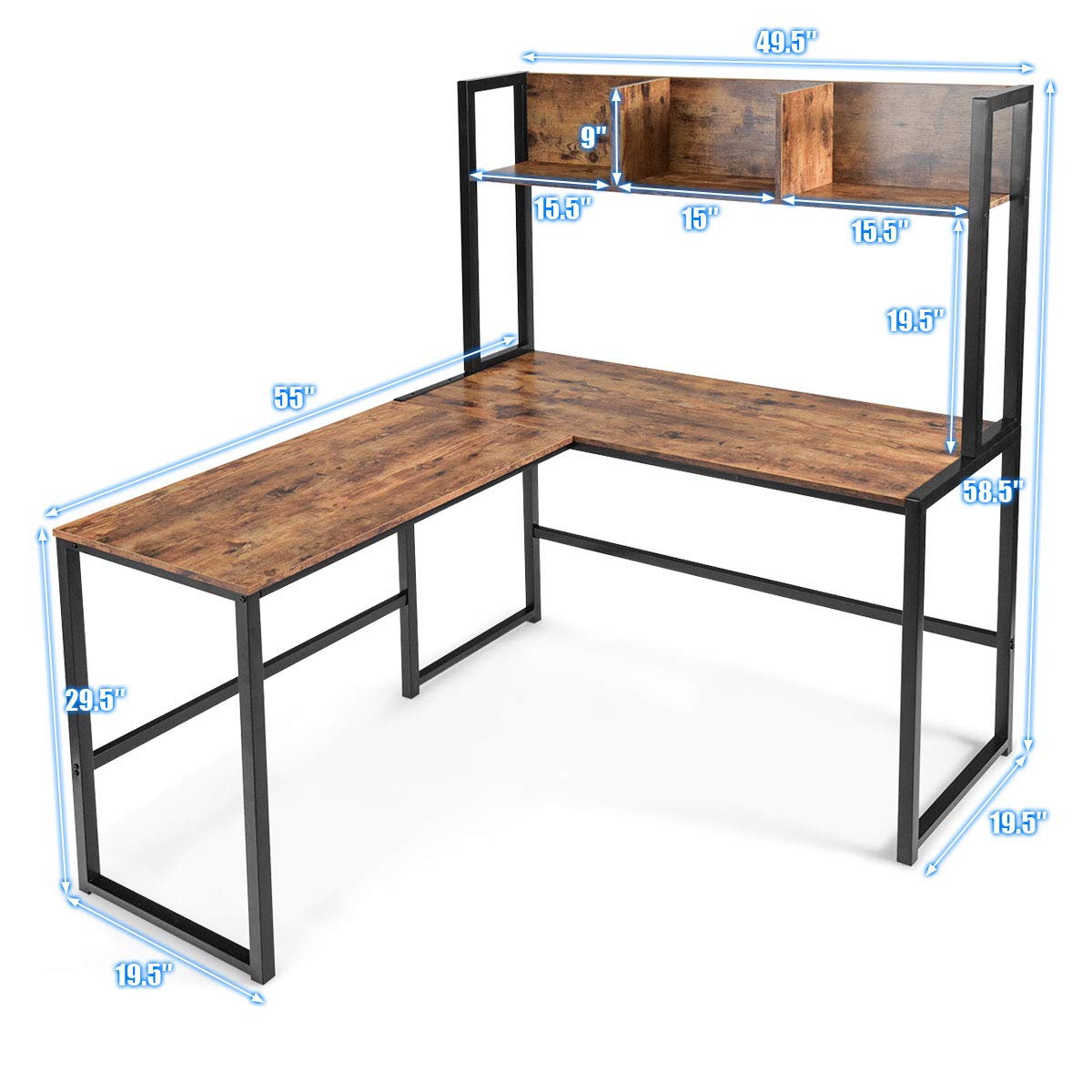 Reversible L-Shaped Desk with Hutch, Space Saving Corner Computer Desk with Storage Bookshelf
