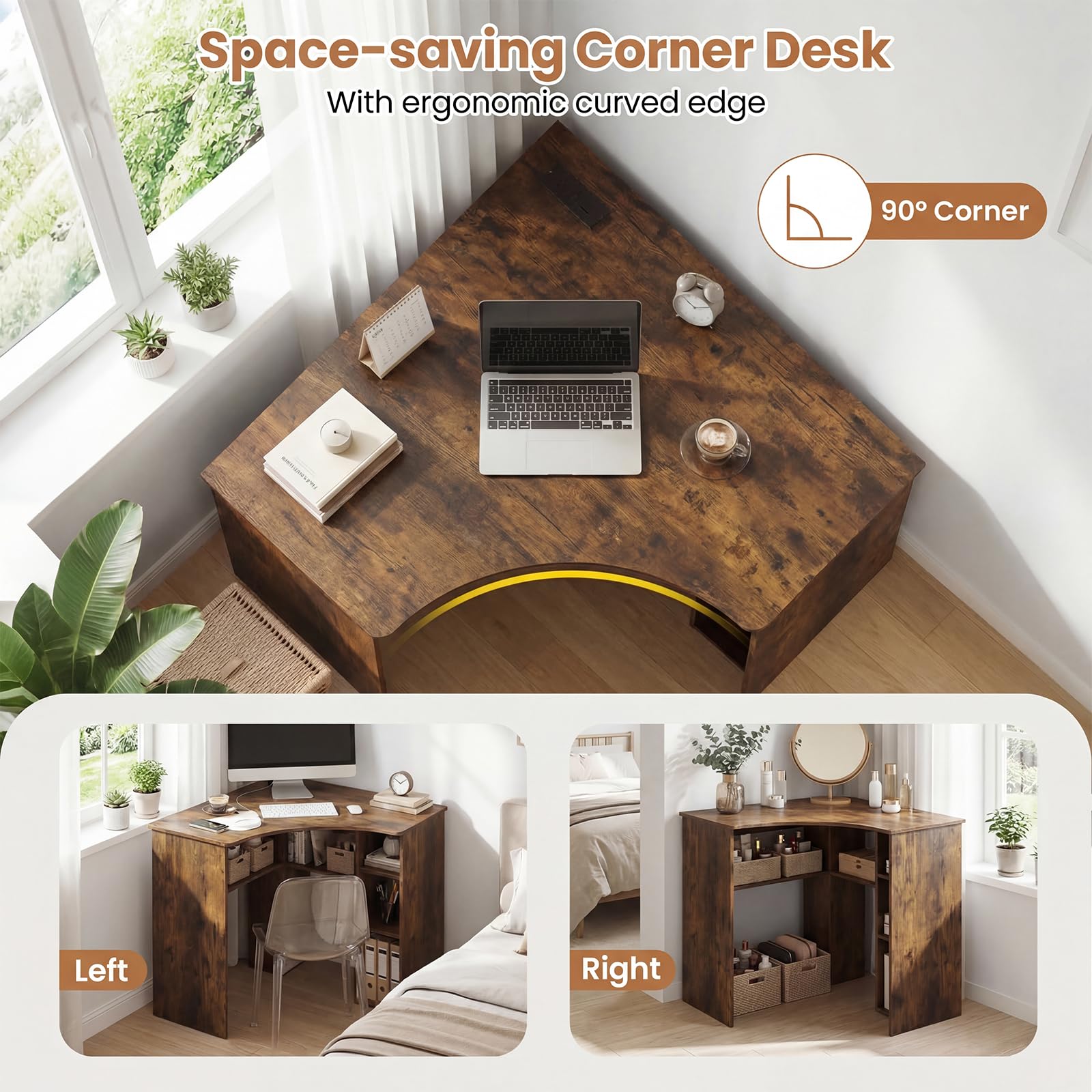 Degree Triangle Corner Desk with Charging Station & Open Storage Shelves