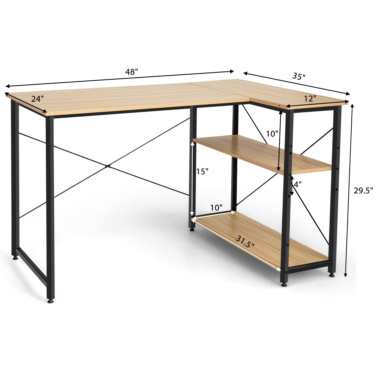Shaped Computer Desk with Reversible Shelves