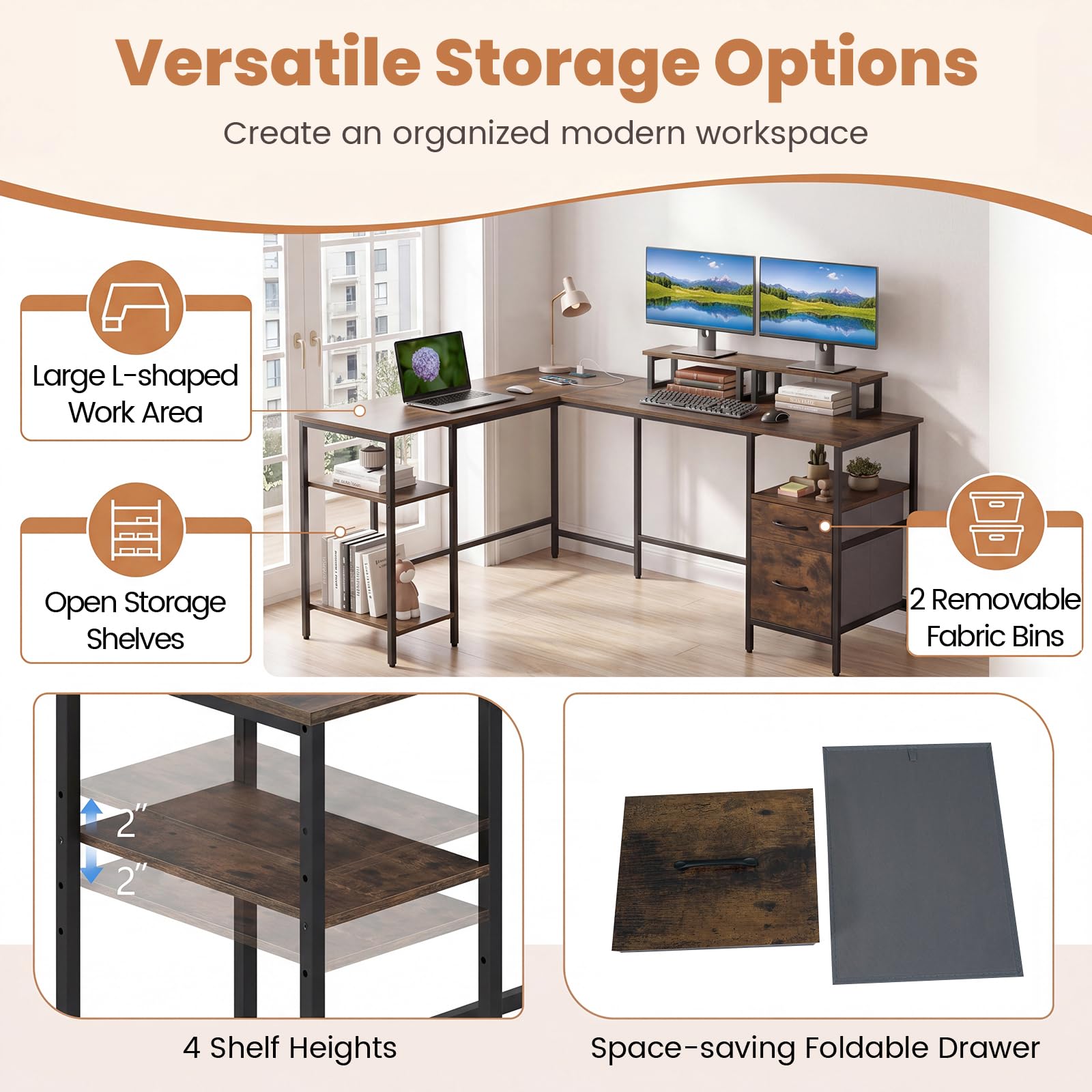 Reversible L Shaped Desk with Storage Drawers & Monitor Stand | Power Outlet
