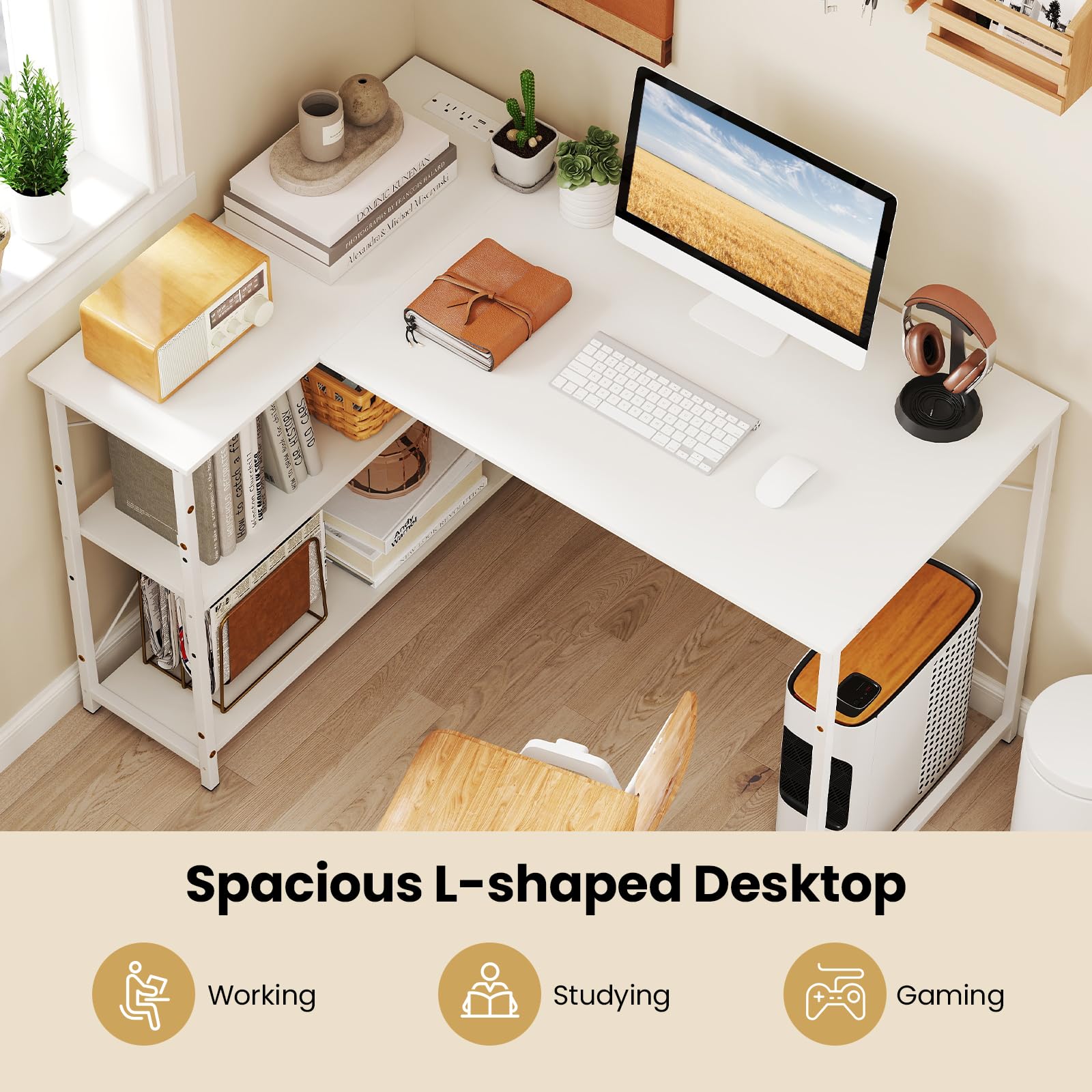 Shaped Computer Desk with Reversible Shelves