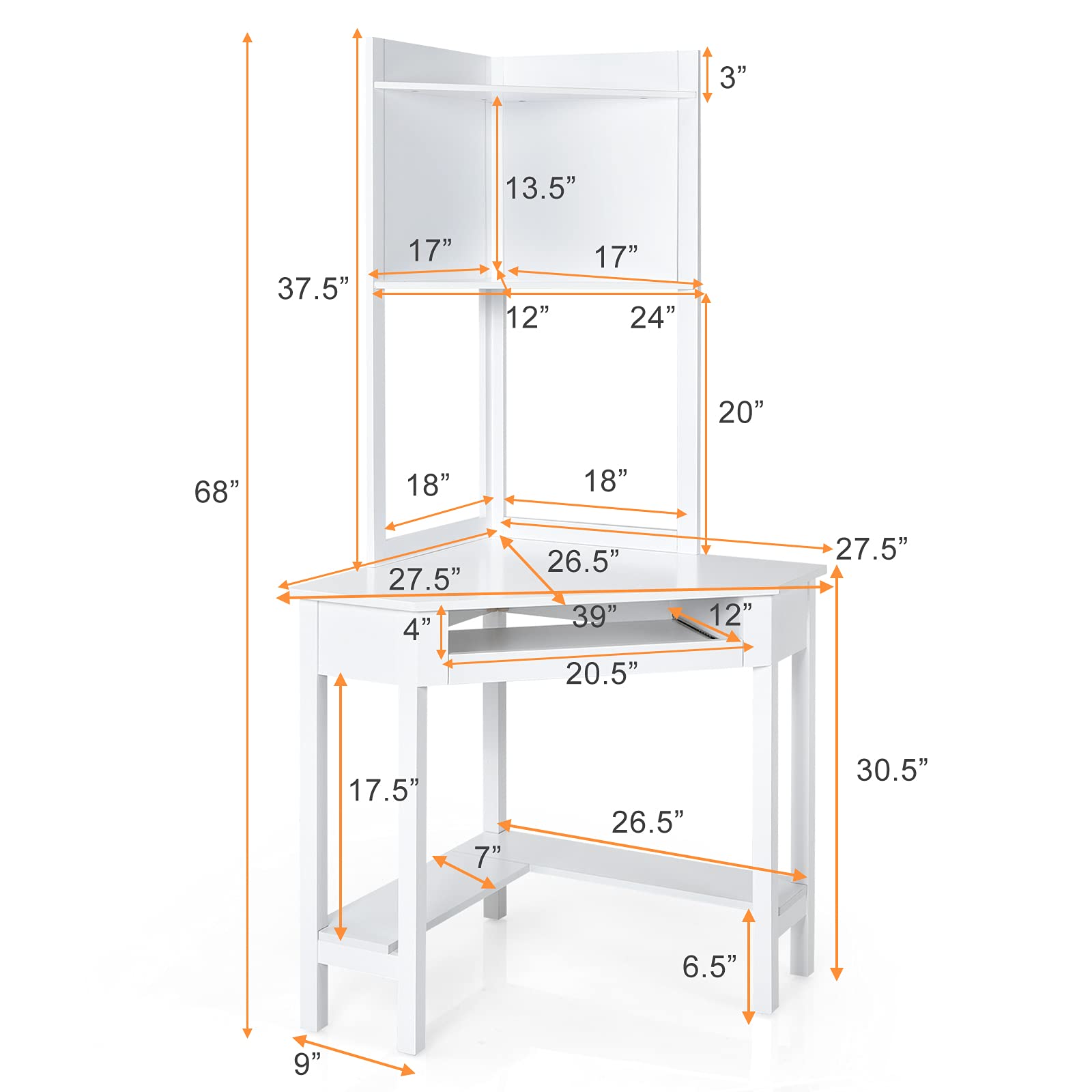 White Corner Desk with Hutch, 90 Degrees Triangle Corner Computer Desk