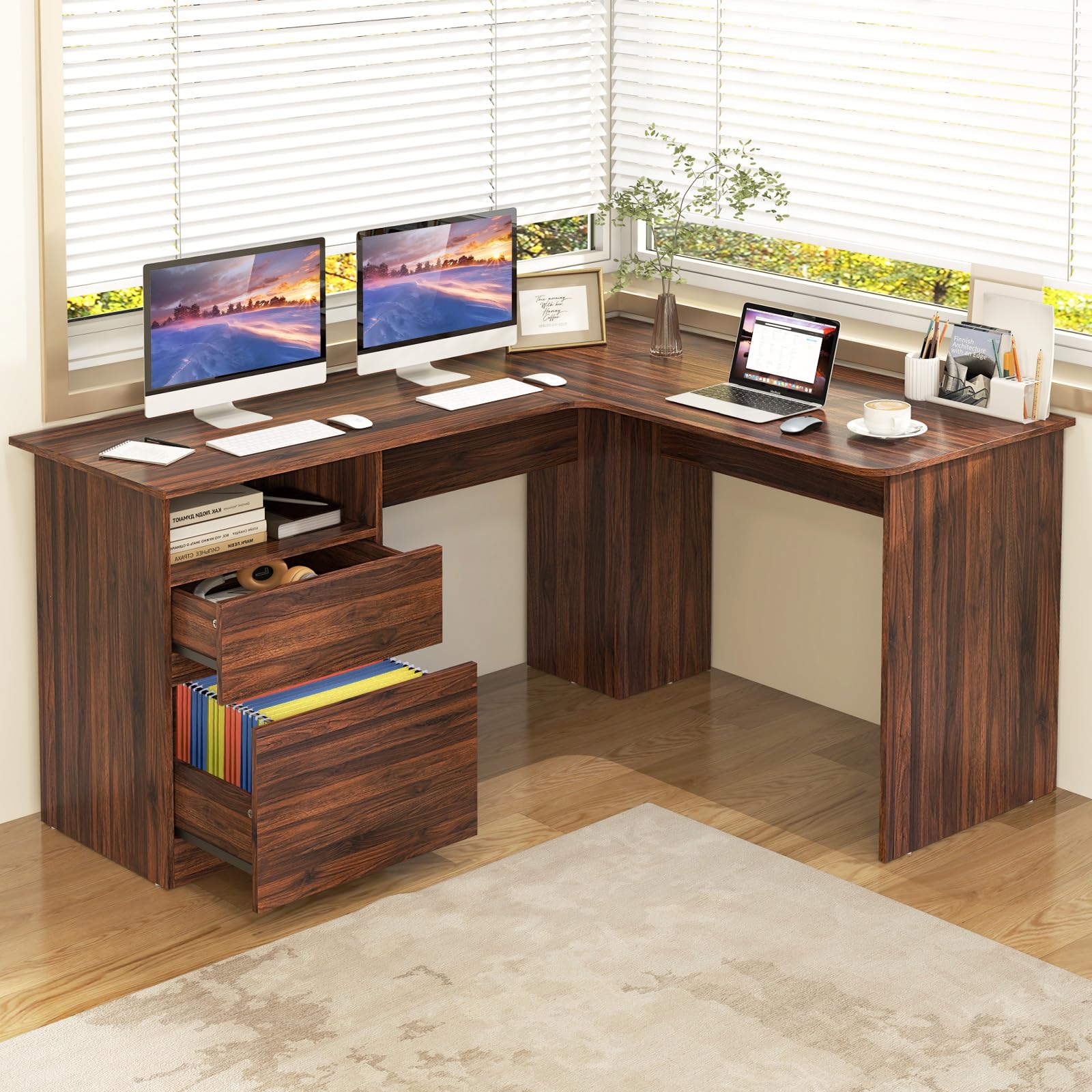 Shaped Desk with 2 Storage Drawers, 59” Corner Computer Desk with File Drawer & Open Shelf