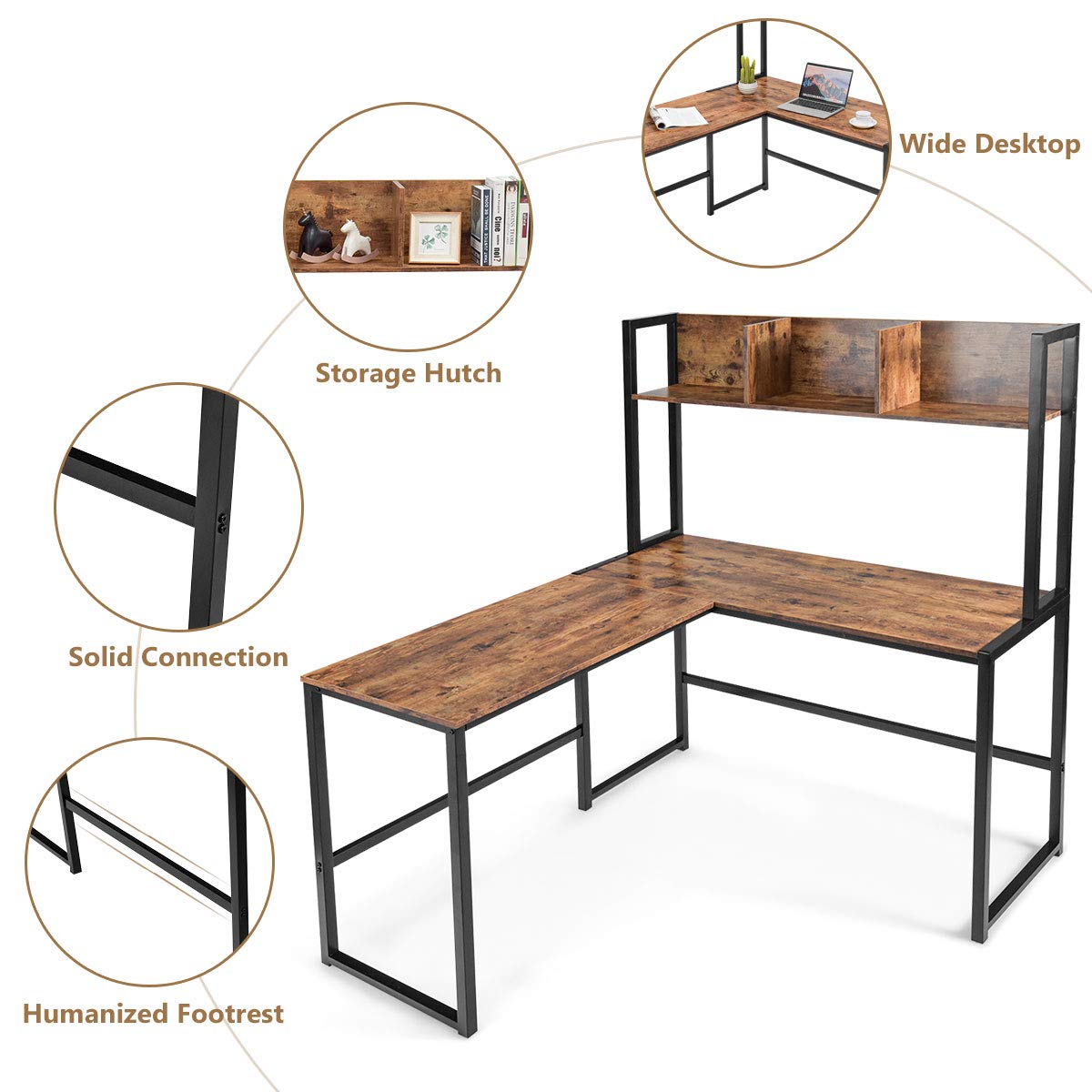 Reversible L-Shaped Desk with Hutch, Space Saving Corner Computer Desk with Storage Bookshelf