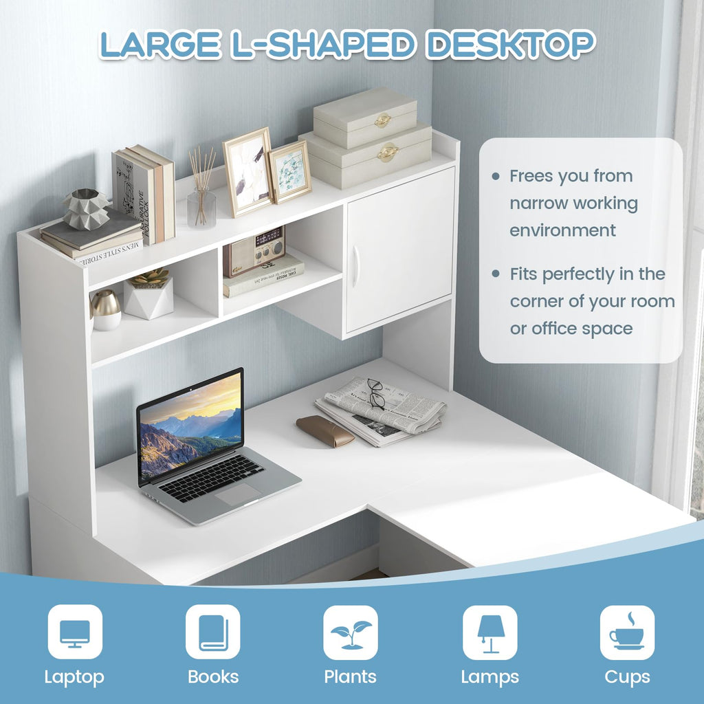 Shaped Desk with Storage Hutch, Corner Computer Desk with Shelves & Cabinet, White