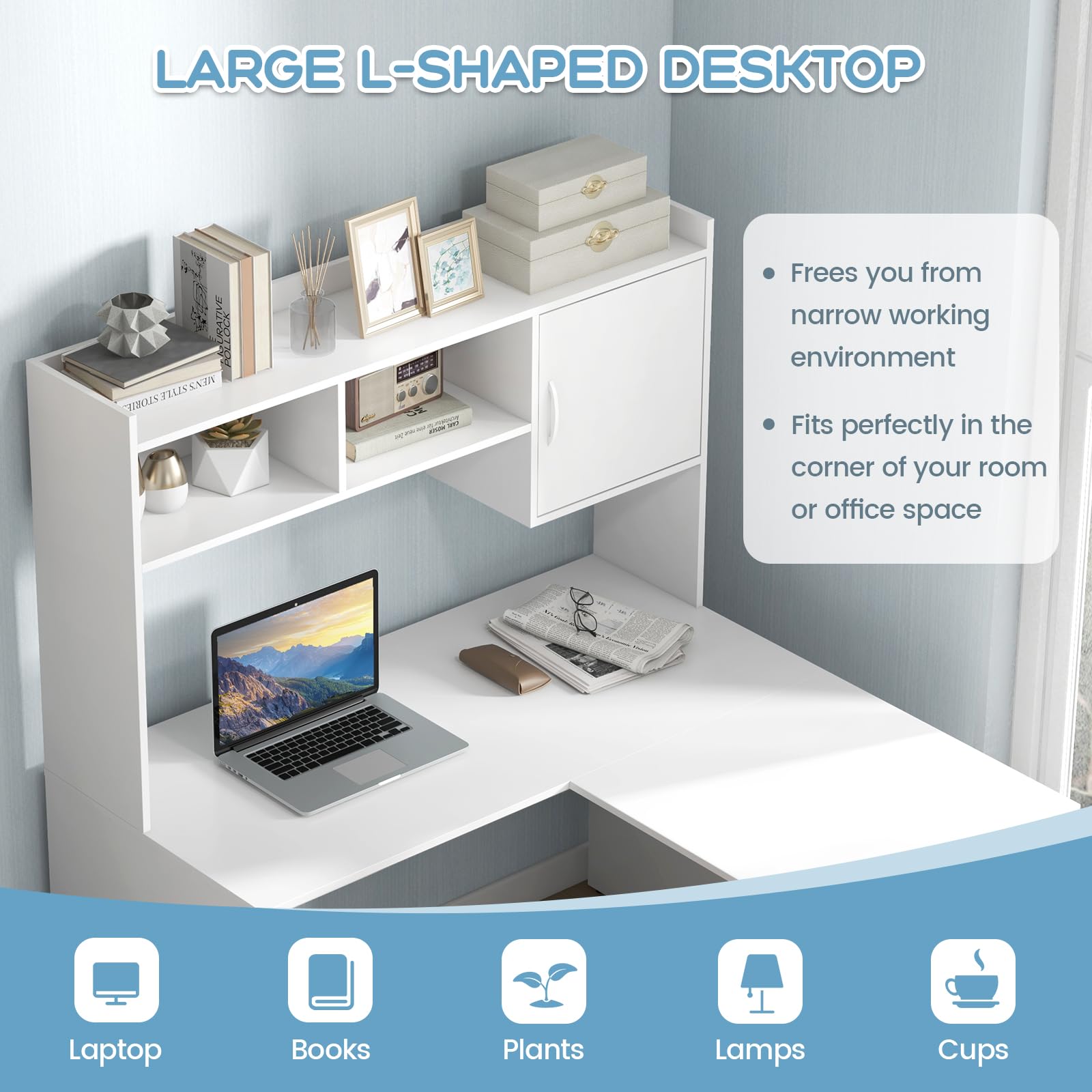 Shaped Desk with Storage Hutch, Corner Computer Desk with Shelves & Cabinet, White