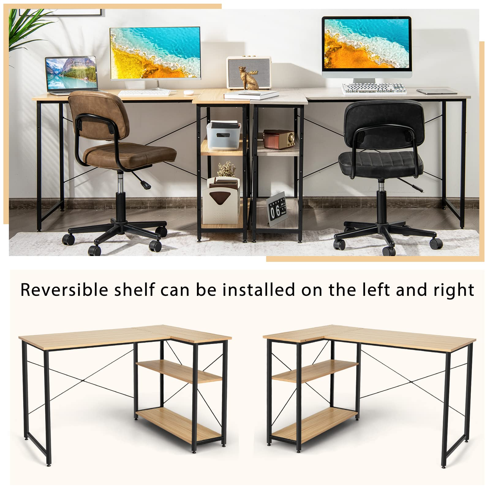 Shaped Computer Desk with Reversible Shelves