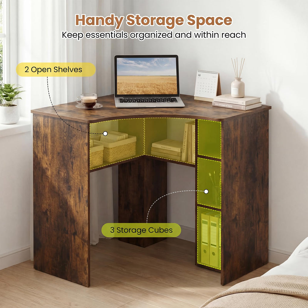 Degree Triangle Corner Desk with Charging Station & Open Storage Shelves