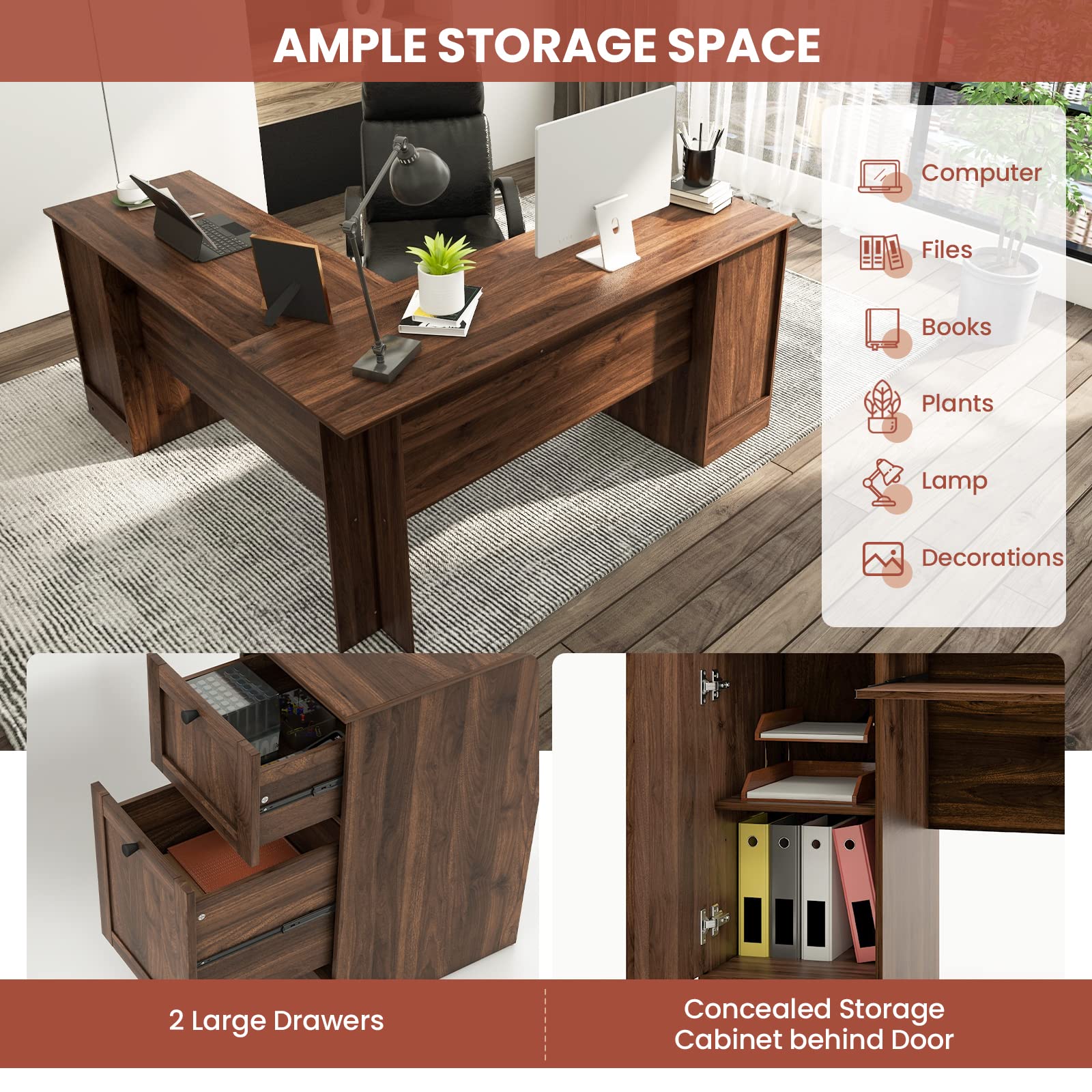 Shaped Office Desk with Storage Drawers & Keyboard Tray