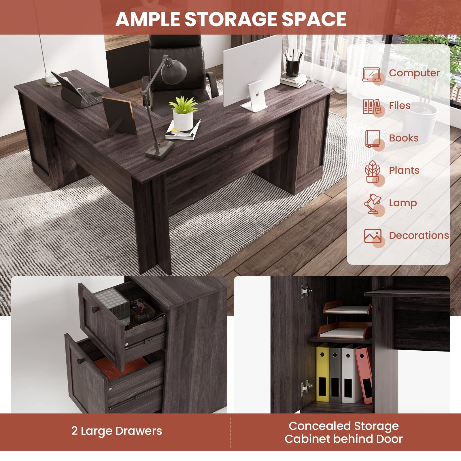 Shaped Office Desk with Storage Drawers & Keyboard Tray