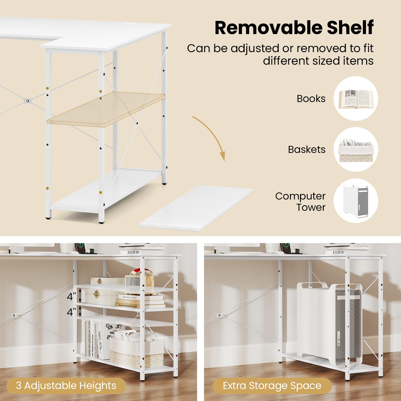 Shaped Computer Desk with Reversible Shelves