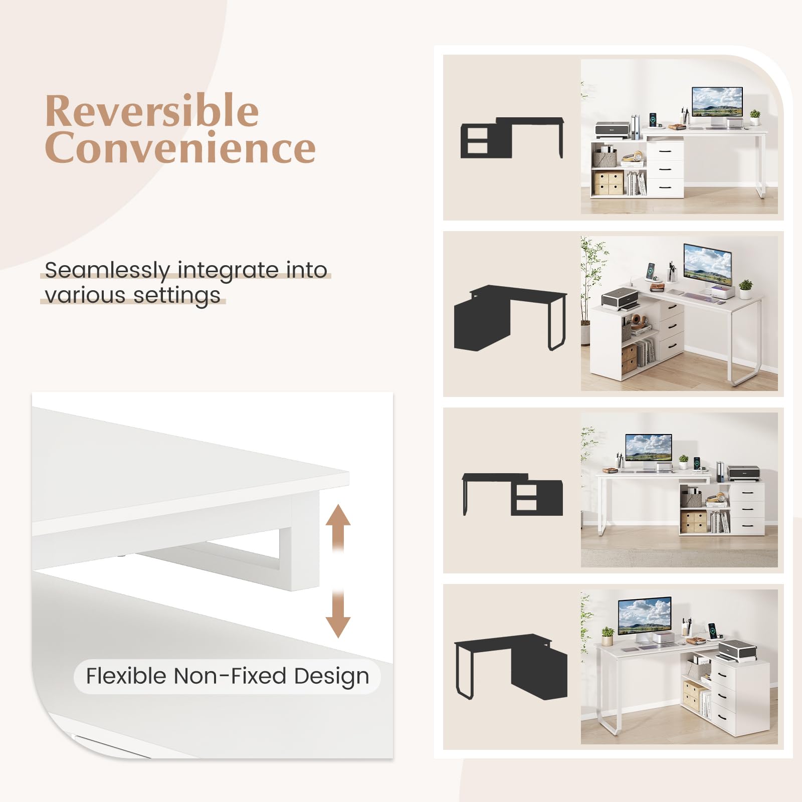 Reversible L Shaped Desk with 3 Drawers