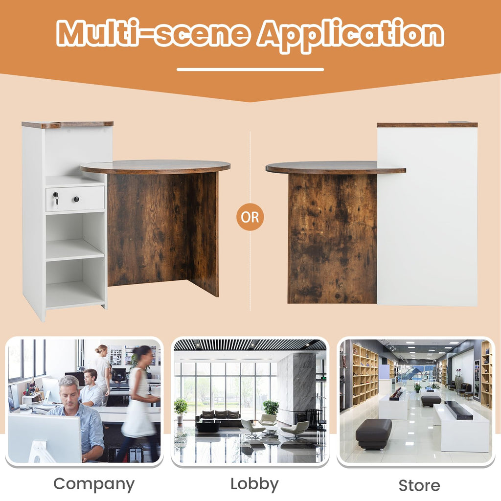 Reception Desk, Front Counter Desk with Lockable Drawer & Adjustable Shelf