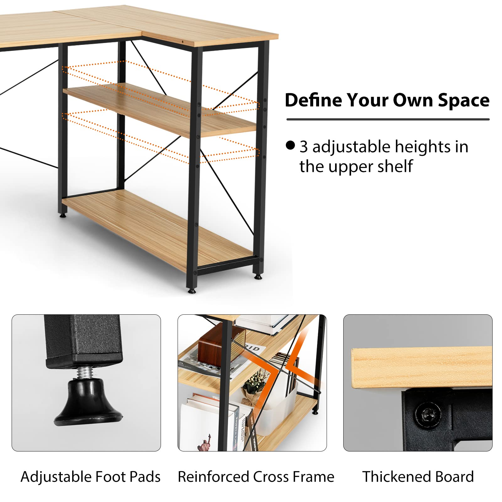 Shaped Computer Desk with Reversible Shelves