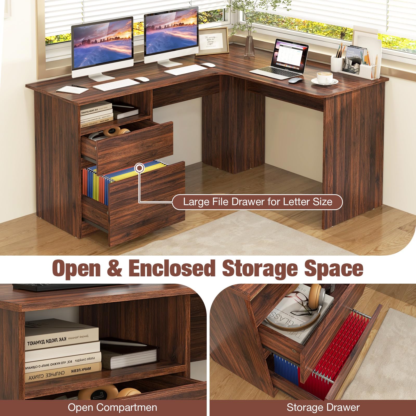 Shaped Desk with 2 Storage Drawers, 59” Corner Computer Desk with File Drawer & Open Shelf