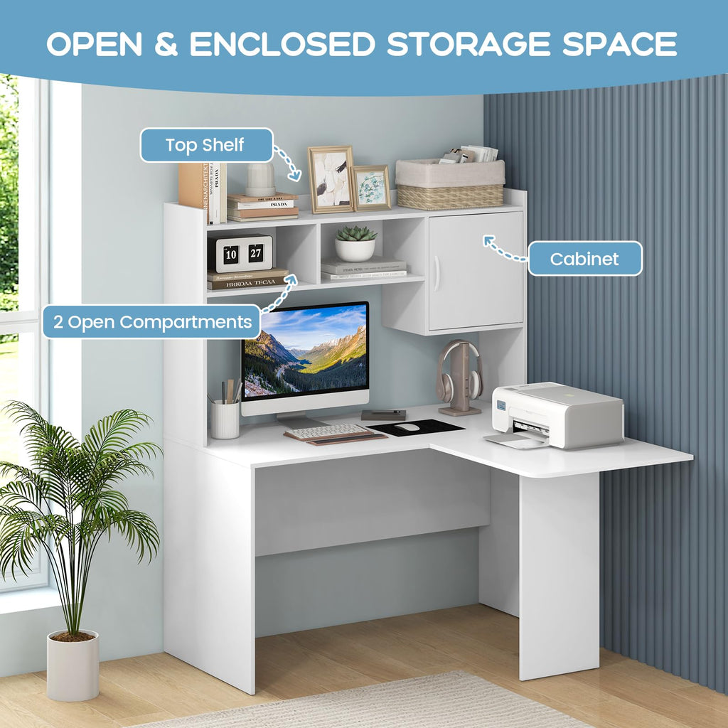 Shaped Desk with Storage Hutch, Corner Computer Desk with Shelves & Cabinet, White