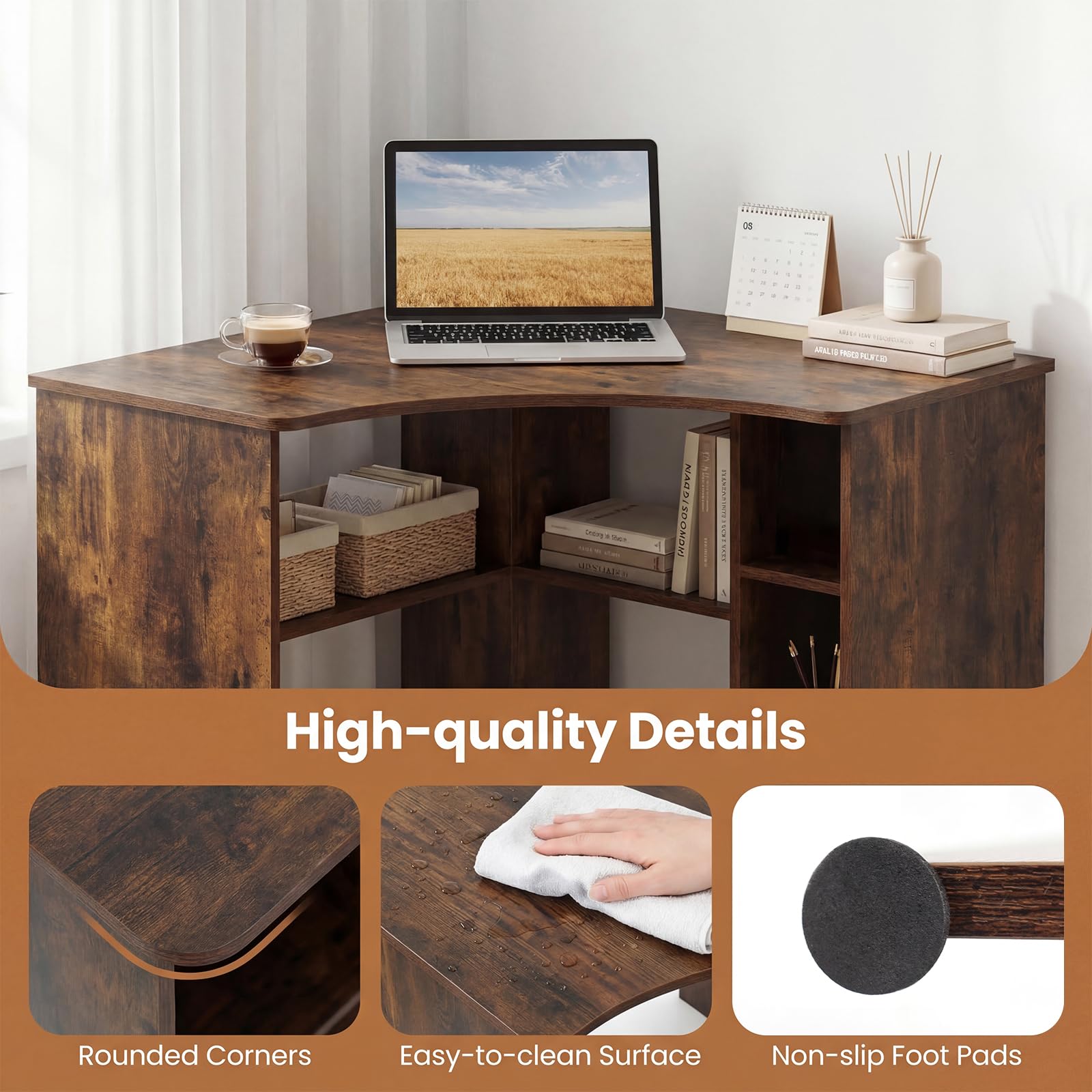 Degree Triangle Corner Desk with Charging Station & Open Storage Shelves