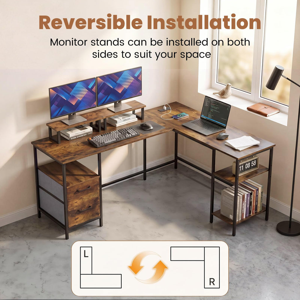 Reversible L Shaped Desk with Storage Drawers & Monitor Stand | Power Outlet
