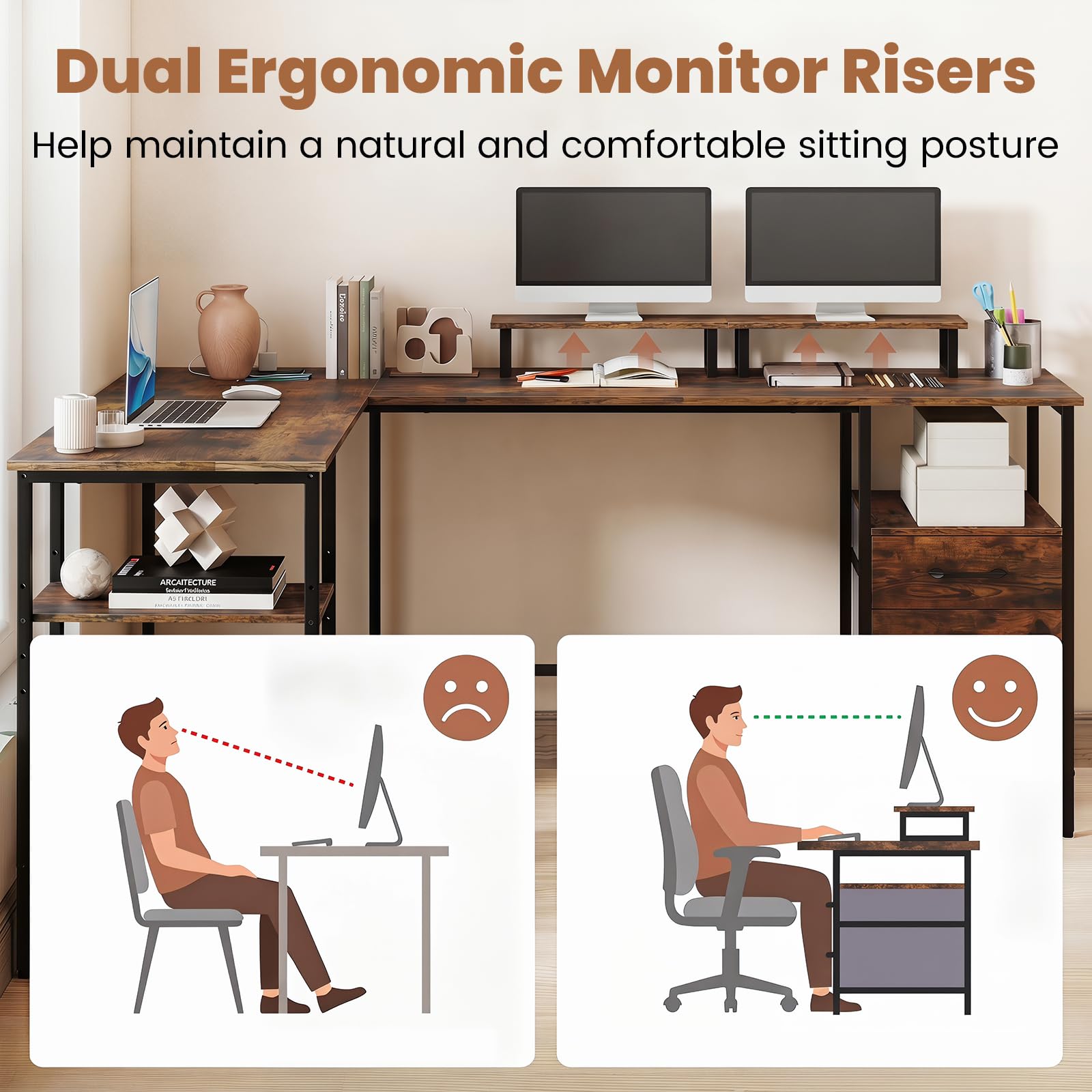 Reversible L Shaped Desk with Storage Drawers & Monitor Stand | Power Outlet
