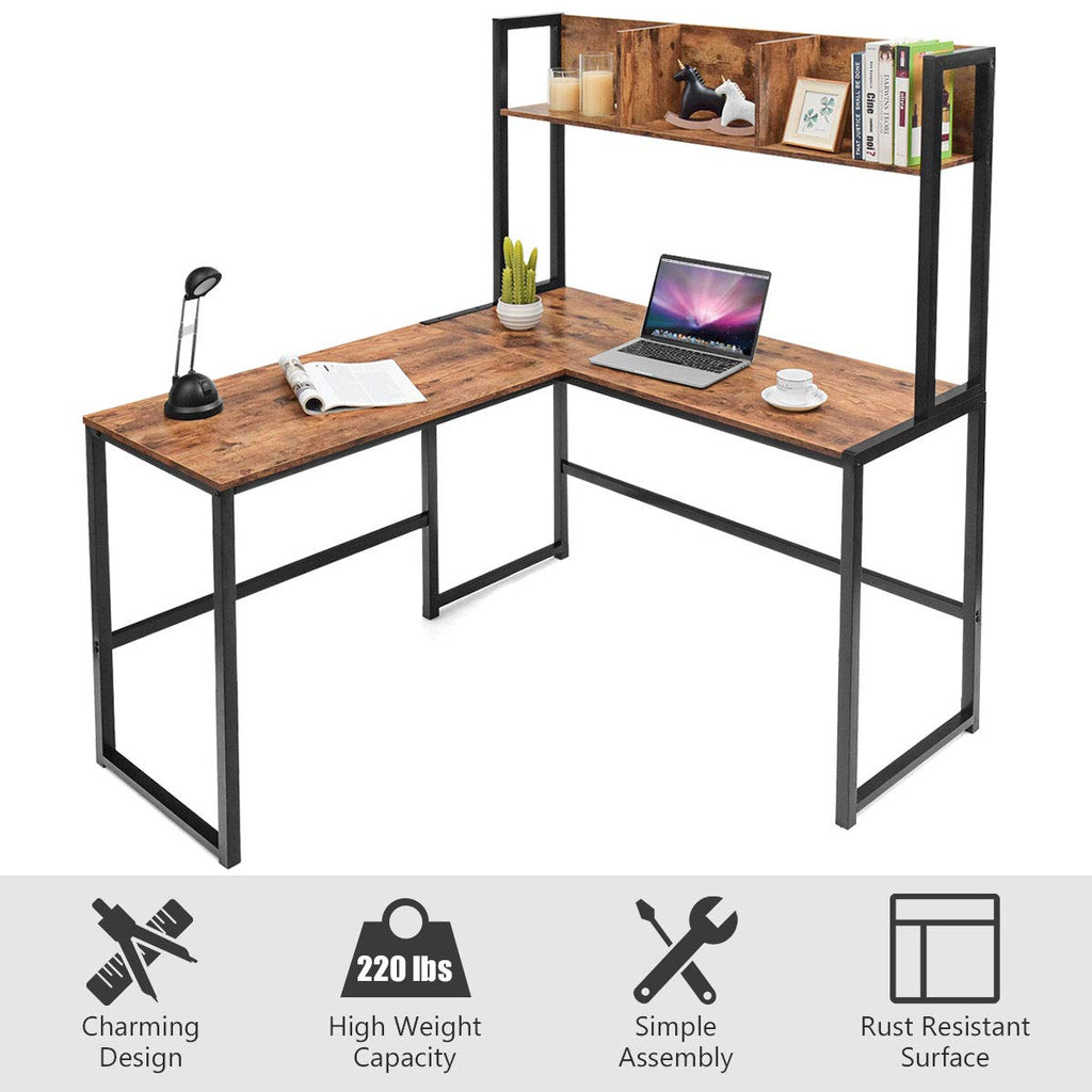 Reversible L-Shaped Desk with Hutch, Space Saving Corner Computer Desk with Storage Bookshelf