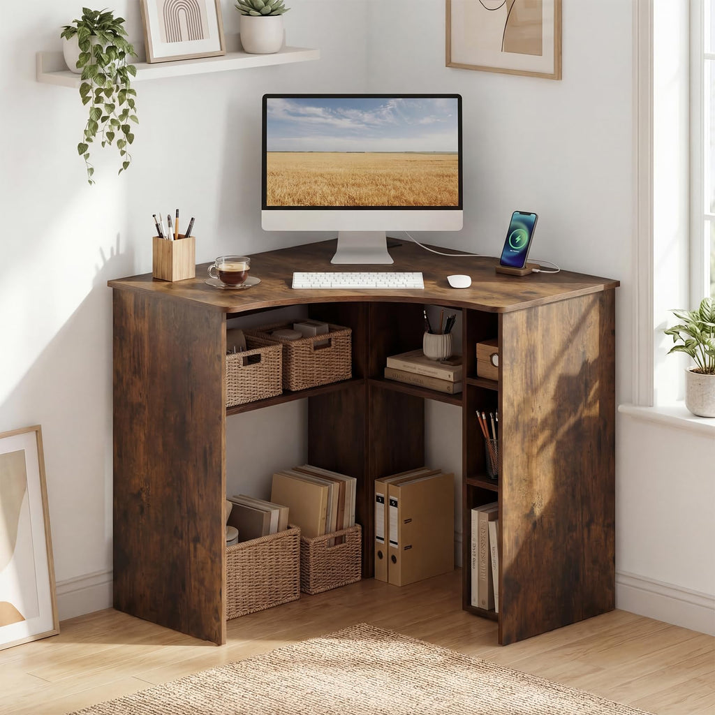 Degree Triangle Corner Desk with Charging Station & Open Storage Shelves