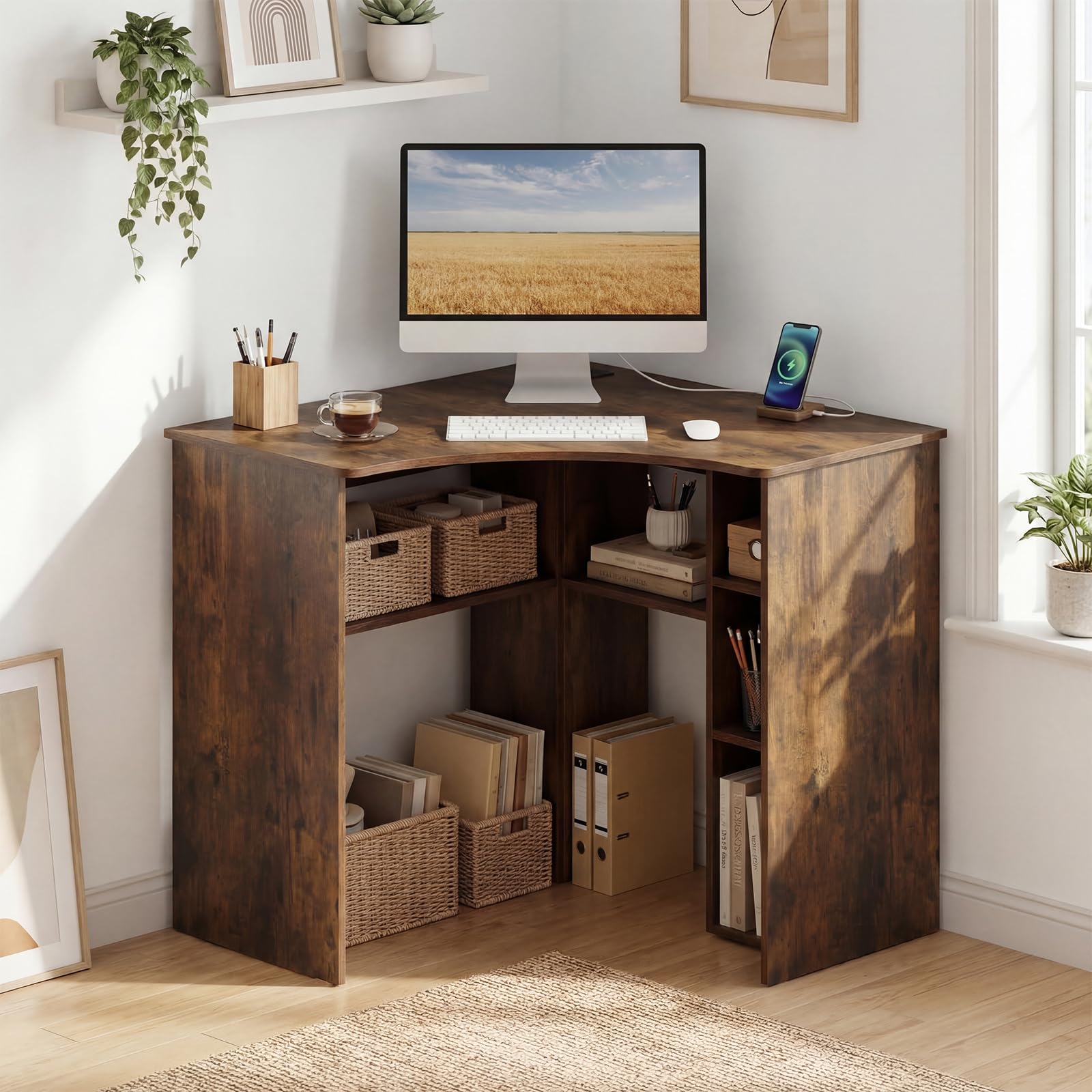 Degree Triangle Corner Desk with Charging Station & Open Storage Shelves